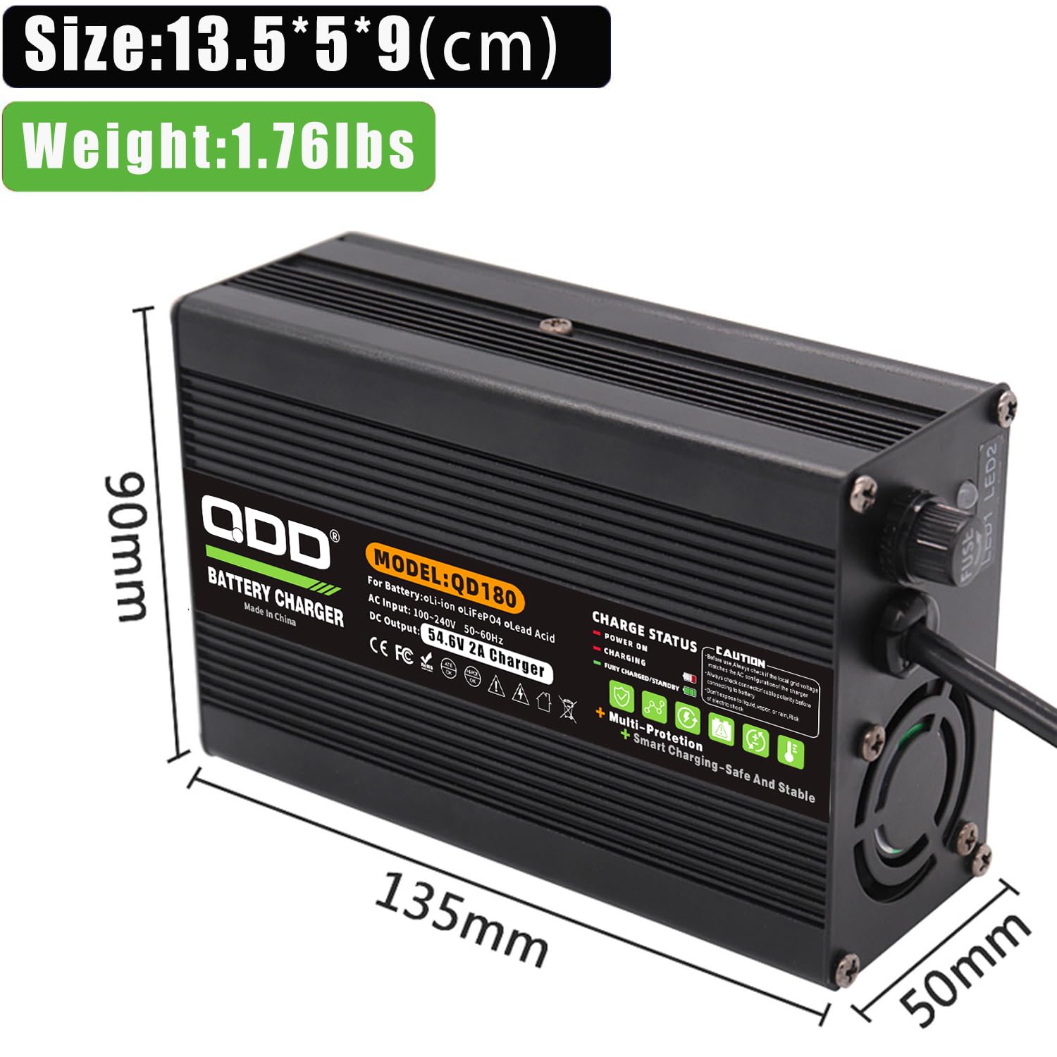 QDD Caricabatterie 54,6 V 2 A Caricabatterie al litio 48 V Uscita DC 5,5 x 2,1 mm/5,5 x 2,5 mm Connettore utilizzato per batteria agli ioni di litio 13S 48 V
