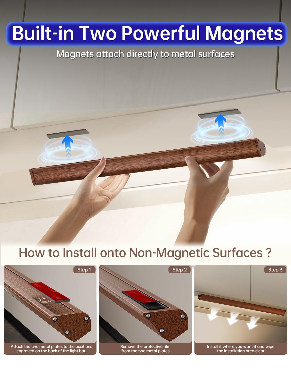 Luci per armadietto, luci LED per armadio, ricarica USB wireless (colore legno, confezione da 2 da 31 cm)