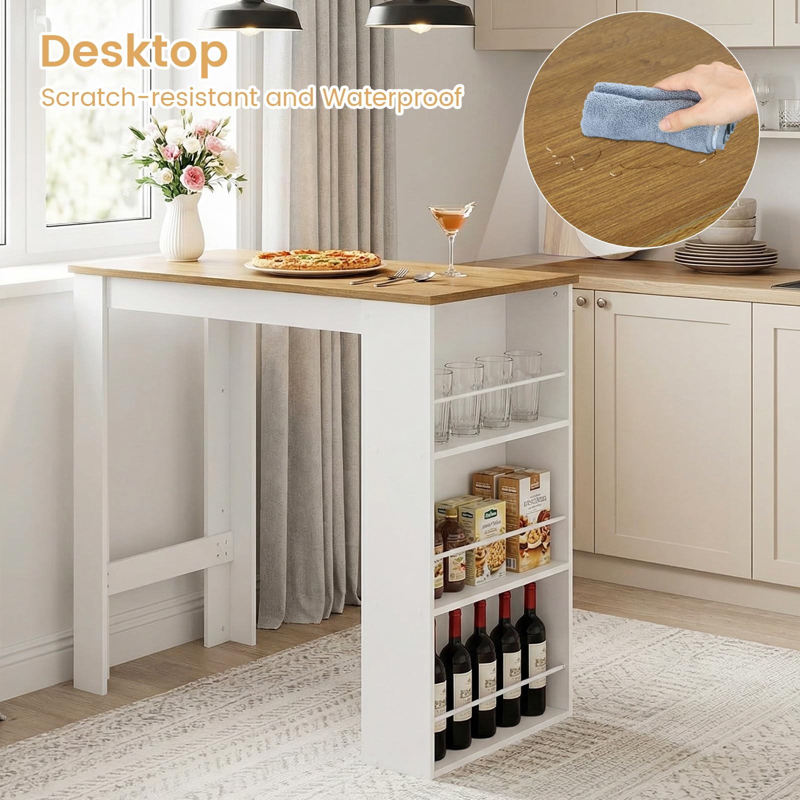 buybyroom Table de Bar avec Rangement, Table de Bar pour Cuisine, comptoir de Bar pour Bar, Cuisine, Salon, Salle à Manger, 112 × 57 × 106 cm, Blanc et chêne Clair