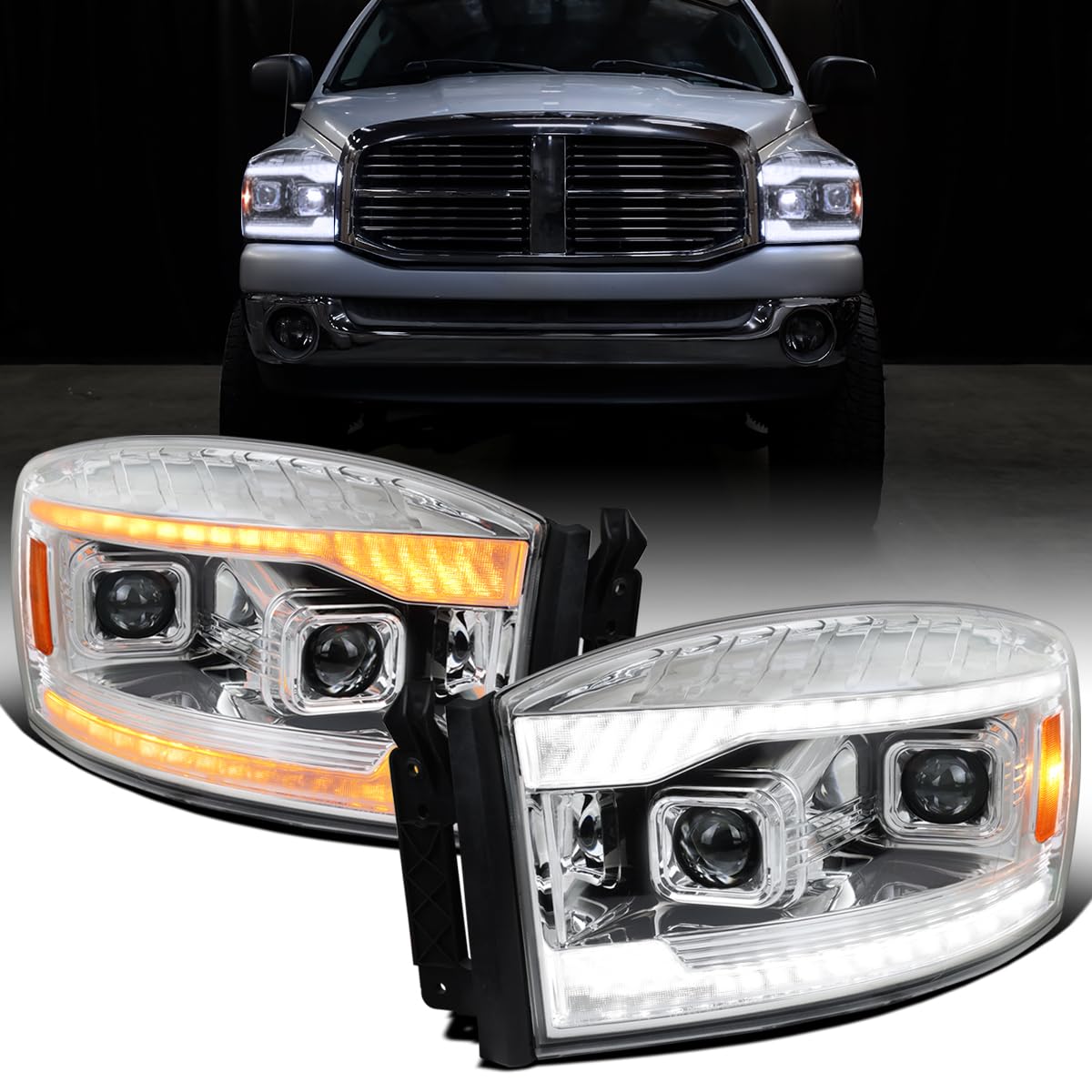 Ronnin - Fits 2006-2009 Dodge Ram 1500 2500 3500 LED DRL Switchback Sequential Turn Signals + Animated Startup Dual Projector Headlights Assembly Pair