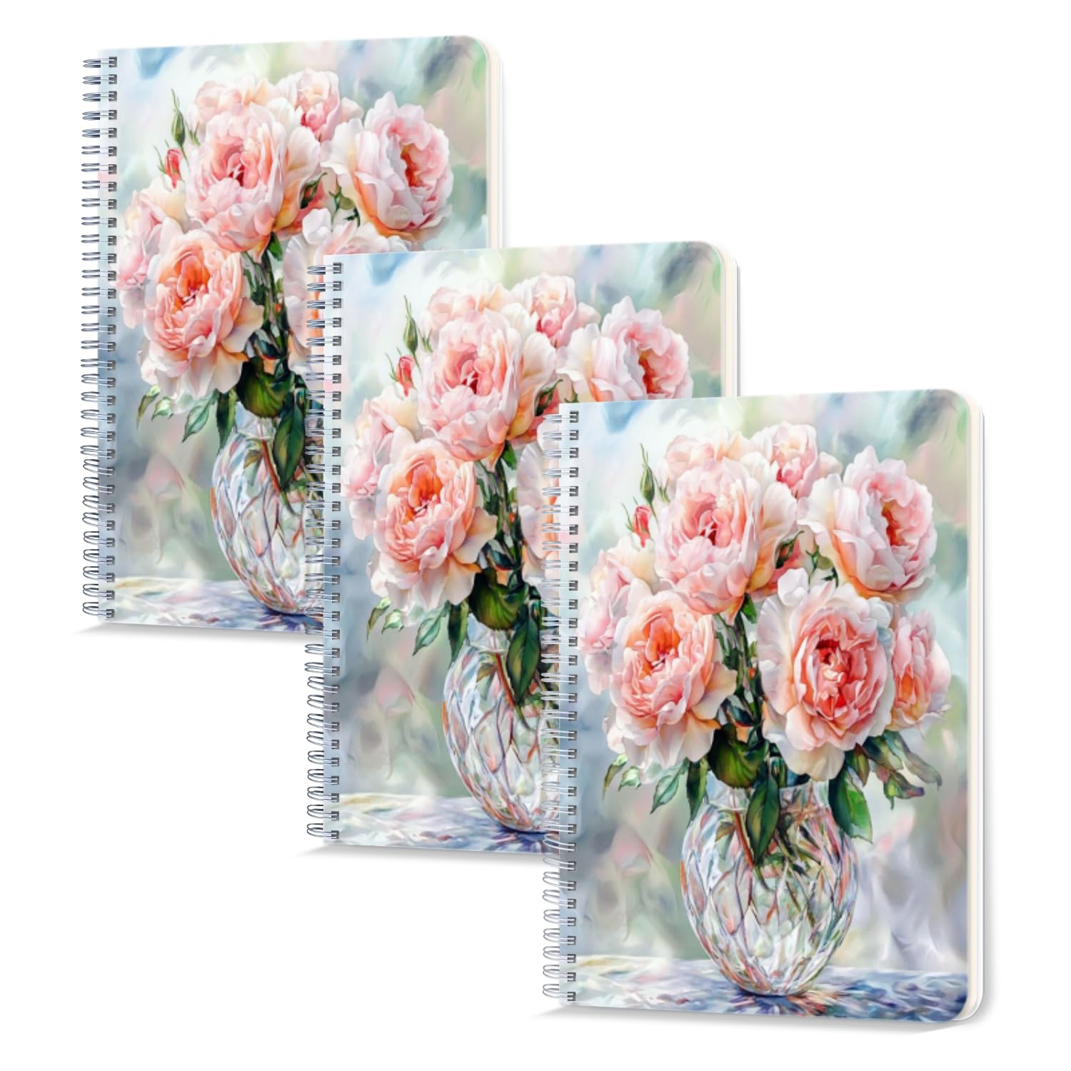 Lined Spiral Notebook,100 Pages,5.71x 8.26 inches Double-Wire Spiral Journal Notebook for Study and Notes Elegant Pink - Rose Vase