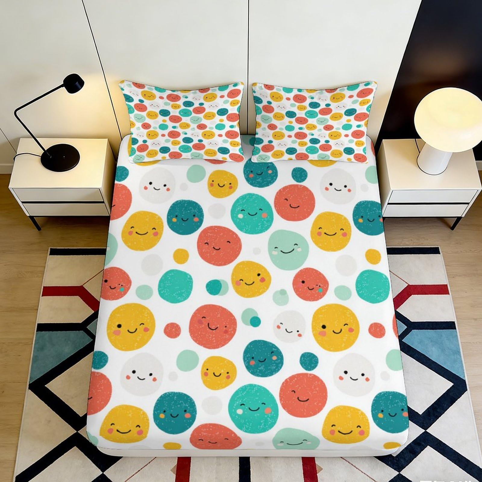 3D Printed Smiley Face Fitted Sheet Microfiber Playful Polka Dot Bed Cover Anti-Slip Machine Washable for Bedroom Decor 90x200x25cm