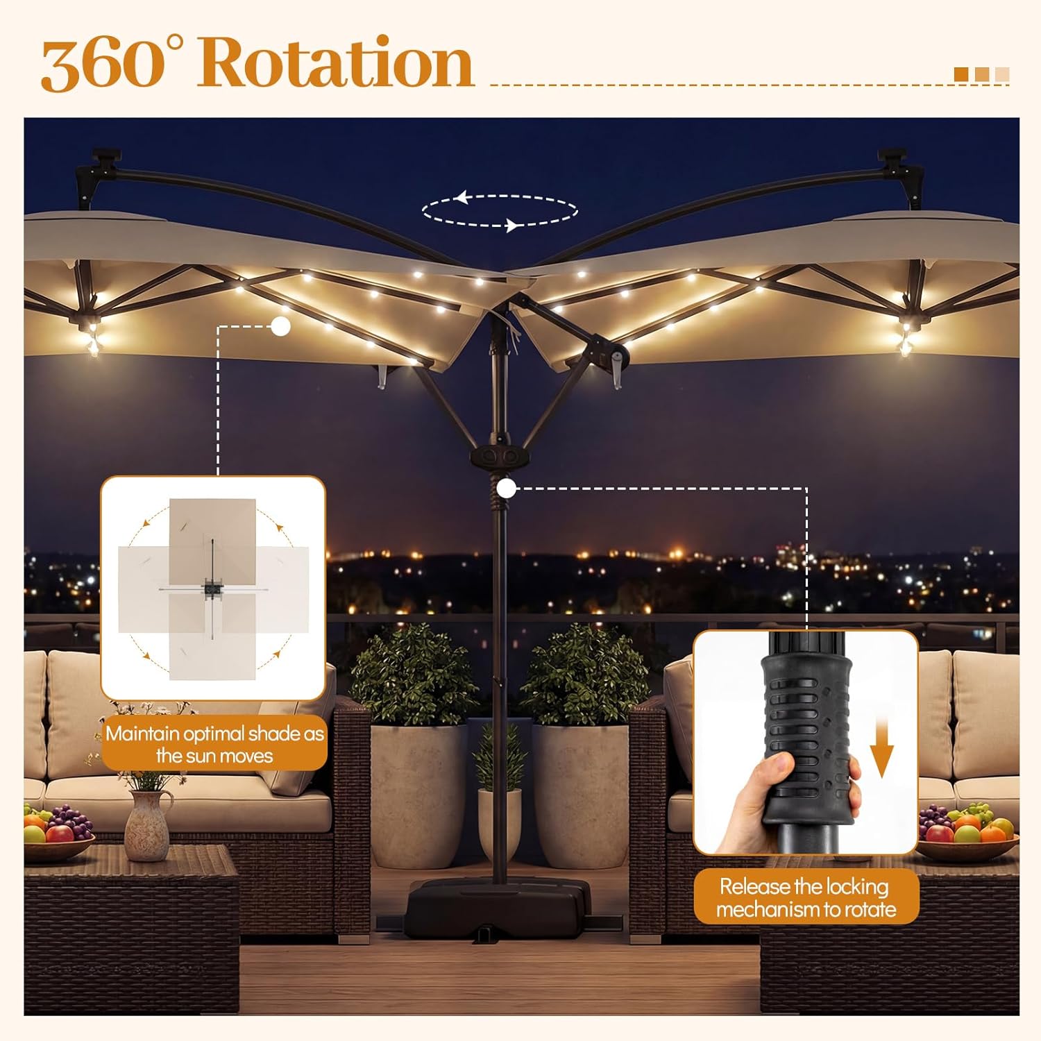 Tangkula 8x8 FT Solar Patio Umbrella with Base Included, Square Offset Cantilever Outdoor Umbrella with 360 Degree Rotation, 32 LED Lights, Crank Handle, 2 Sandbags, 8 Ribs, Air Vent for Pool Deck Garden Backyard