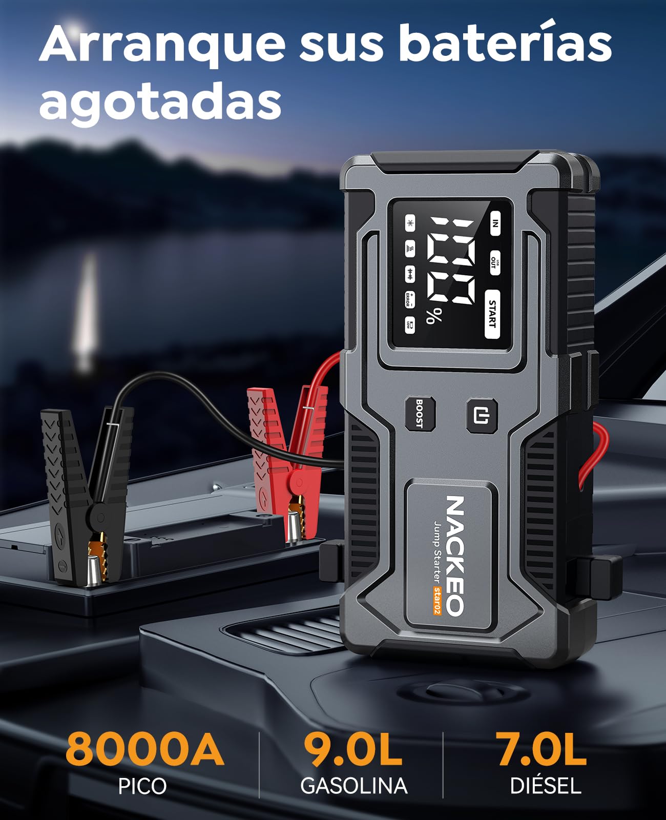 Arrancador de Coches 8000A, Arrancador de Baterías de Coches 12V (para 9.0L de Gasolina o 7.0L de Diésel) Jump Starter con Cables Integrados, Linterna LED de Emergencia, Espera Larga, Carga Rápida