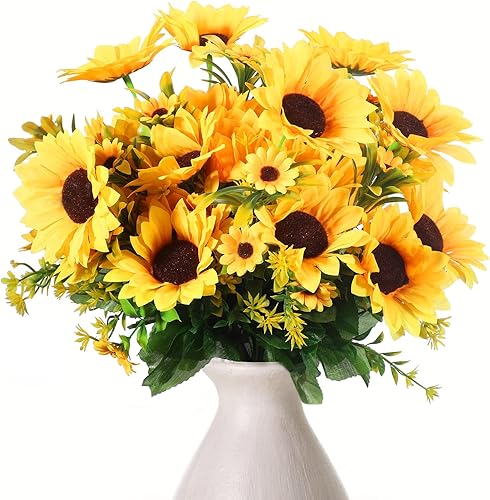 Miniatura 8 de Jexine Paquete de 16 ramos de girasoles artificiales con tallos de seda, girasoles de seda, flores amarillas falsas, arreglo floral sintético para