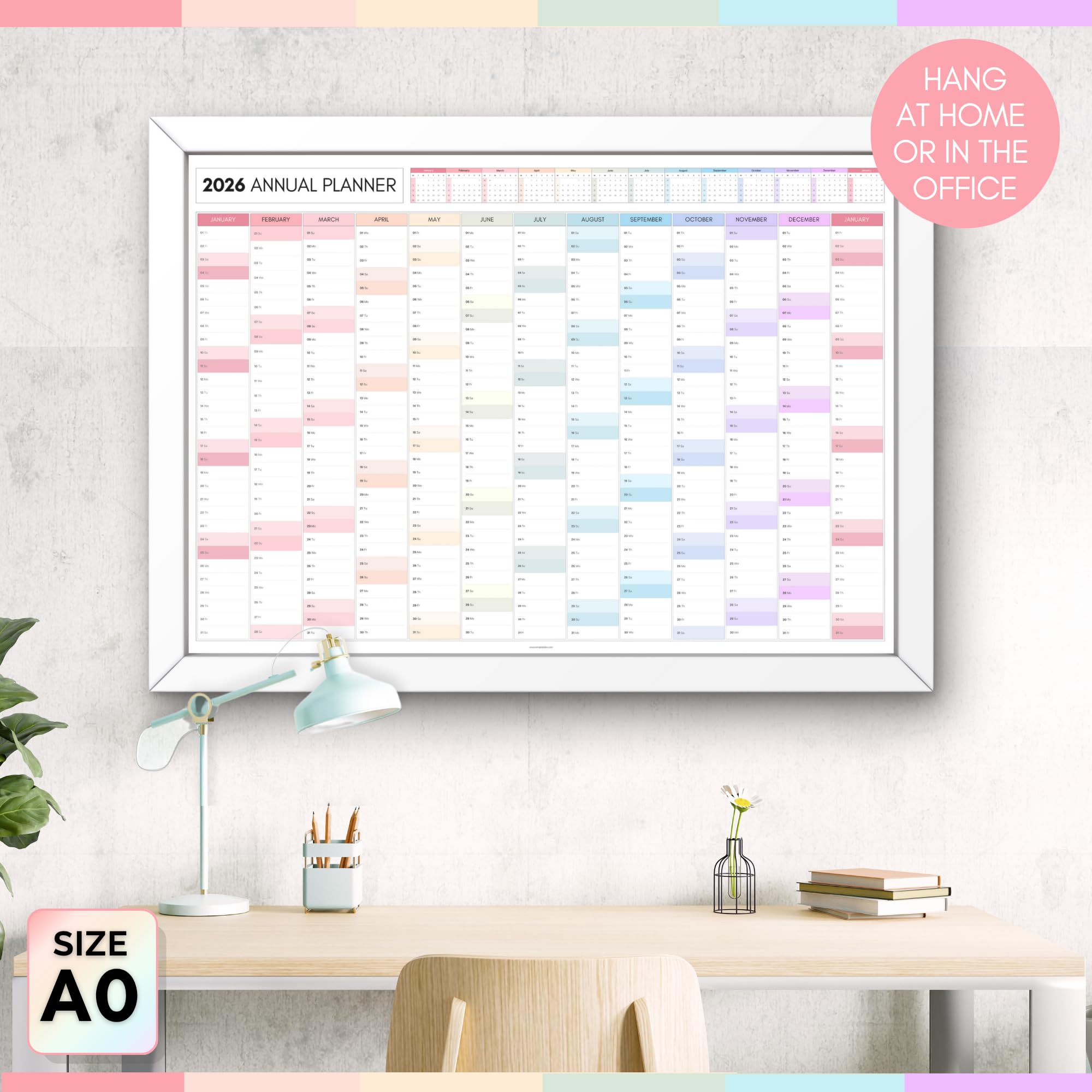 2026 Planificador Mensual Gigante de Pared, A0 119 cm x 84 cm | IMPRESIÓN GIGANTE DOBLE LADO, Calendario de Pared Arcoíris 2026, Planificador Anual, Vista Completa del Año | Organizador para Oficina