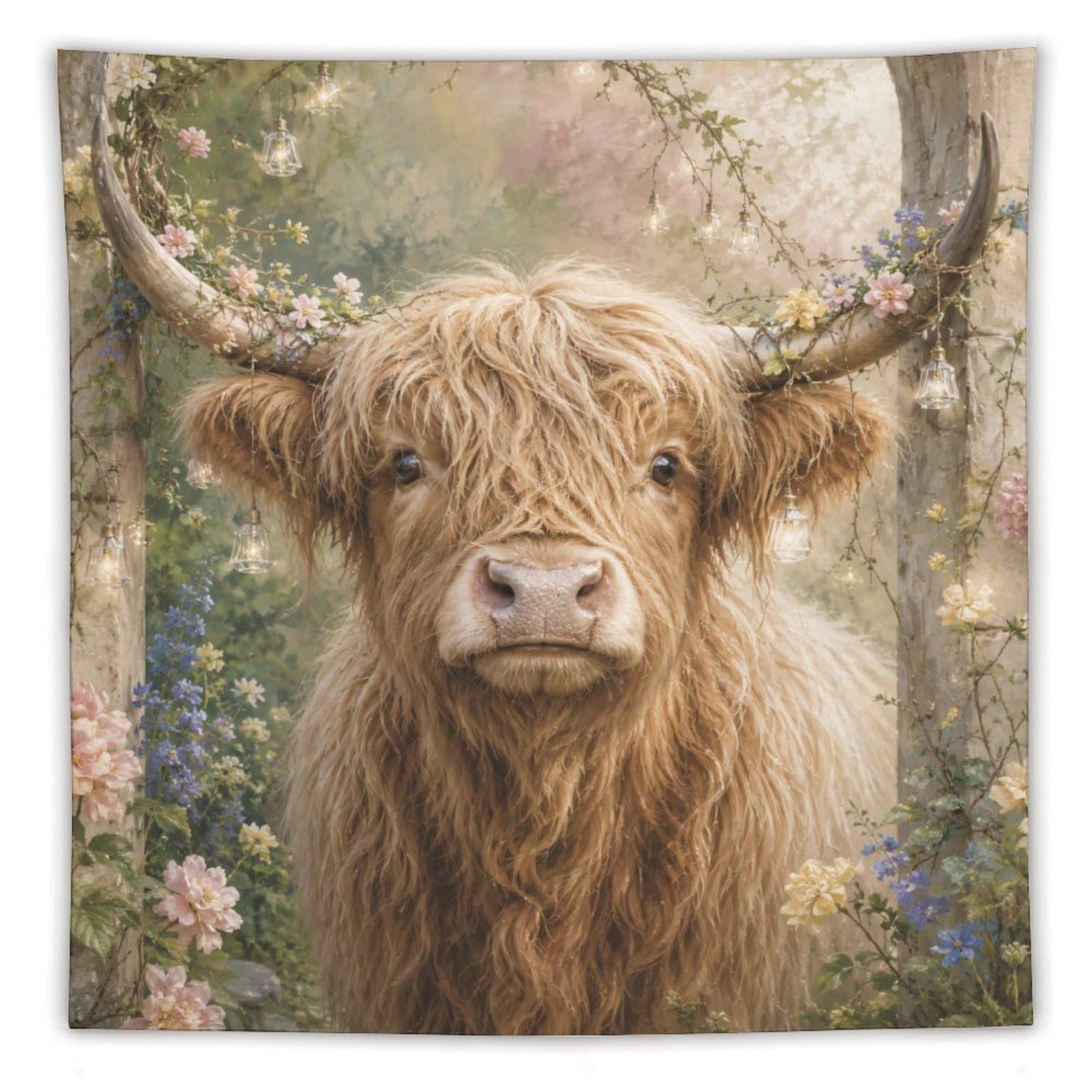 H3B8U2Y5 Highland Cow Garden Portrait Wall Tapestry, Realistic Illustration
