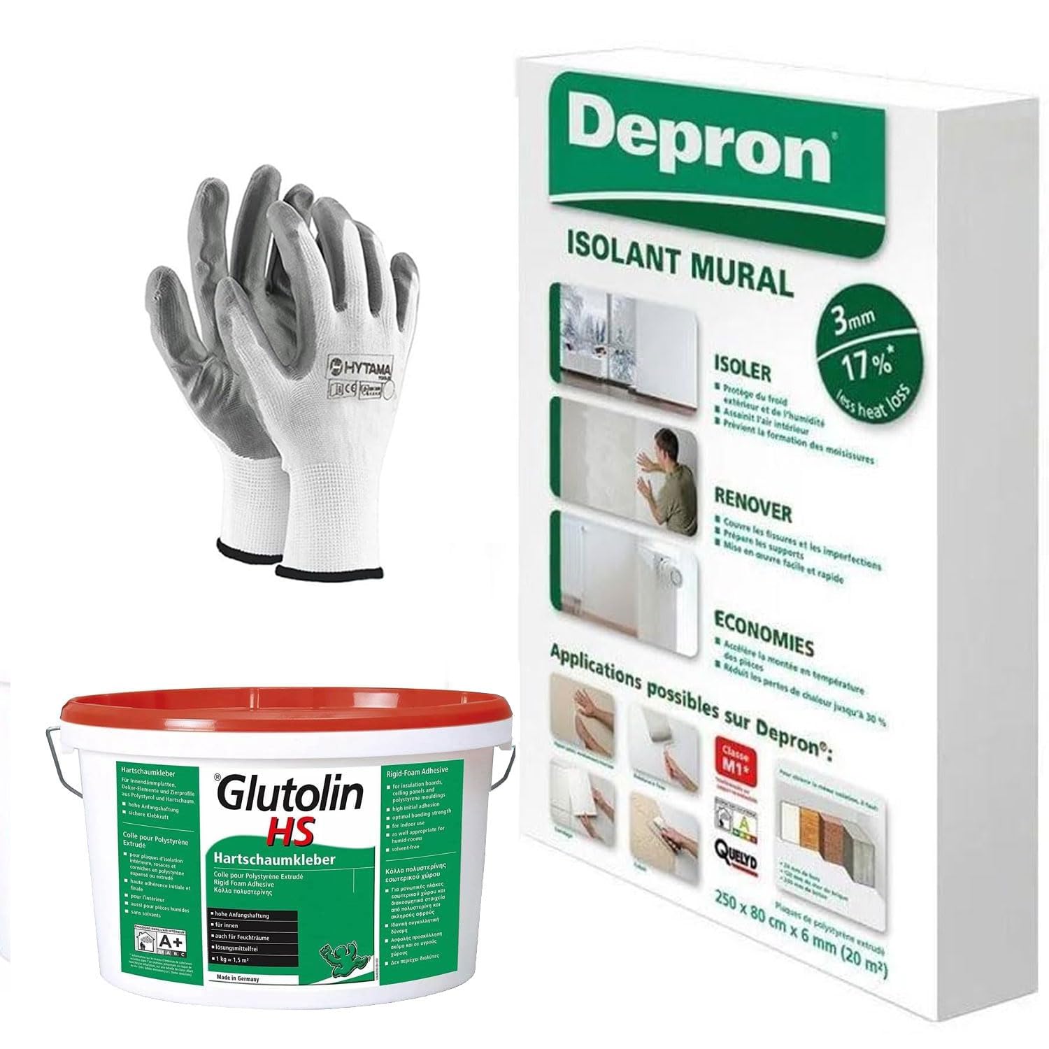 DEPRON Pannelli Isolanti 3 mm (125×80 cm) – Confezione 40 m² + Colla Glutolin 8 kg | Isolamento Termico e Acustico per Pareti e Soffitti | 1 paio di guanti in nitrile HYTAMA TOOLS