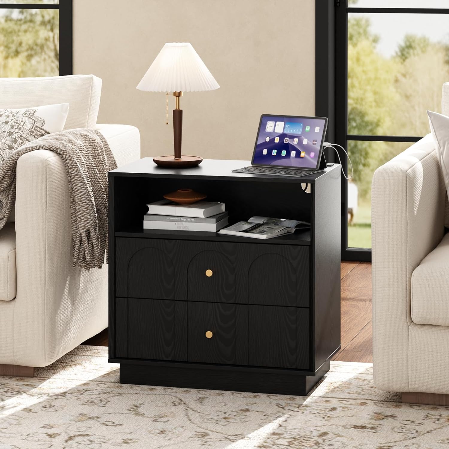 Modern Nightstand with Charging Station,24" Large Night Stand with Arched Design, Mid Century End Table with 2 Storage Drawers, Bedside Tables for Bedroom, Living Room, Sofa Office,Black