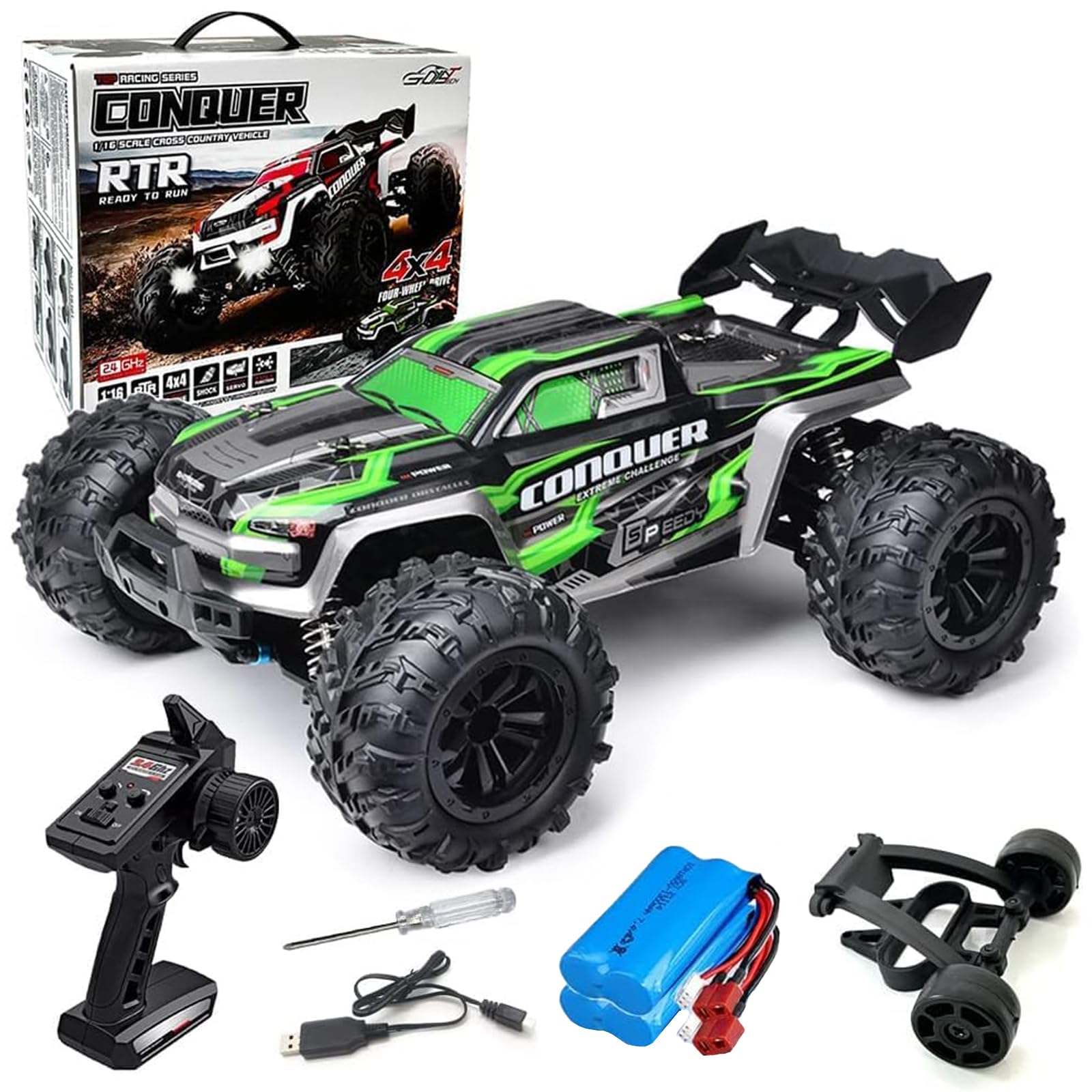 RC Cars 1:16 Scale Remote Control Car 50 KMH High Speed Fast 4WD RC Truck for Kids Adults Boys 2.4 GHz All Terrains RC Buggy Off-Road Drift RC Monster Trucks with 3 Batteries (Green)