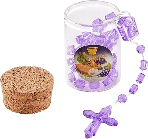 Needzo Rosario Santo de la Primera Comunión del Cuerpo de Cristo, Rosarios de cristal púrpura con cánter de crucifijo en una botella de corcho, 12