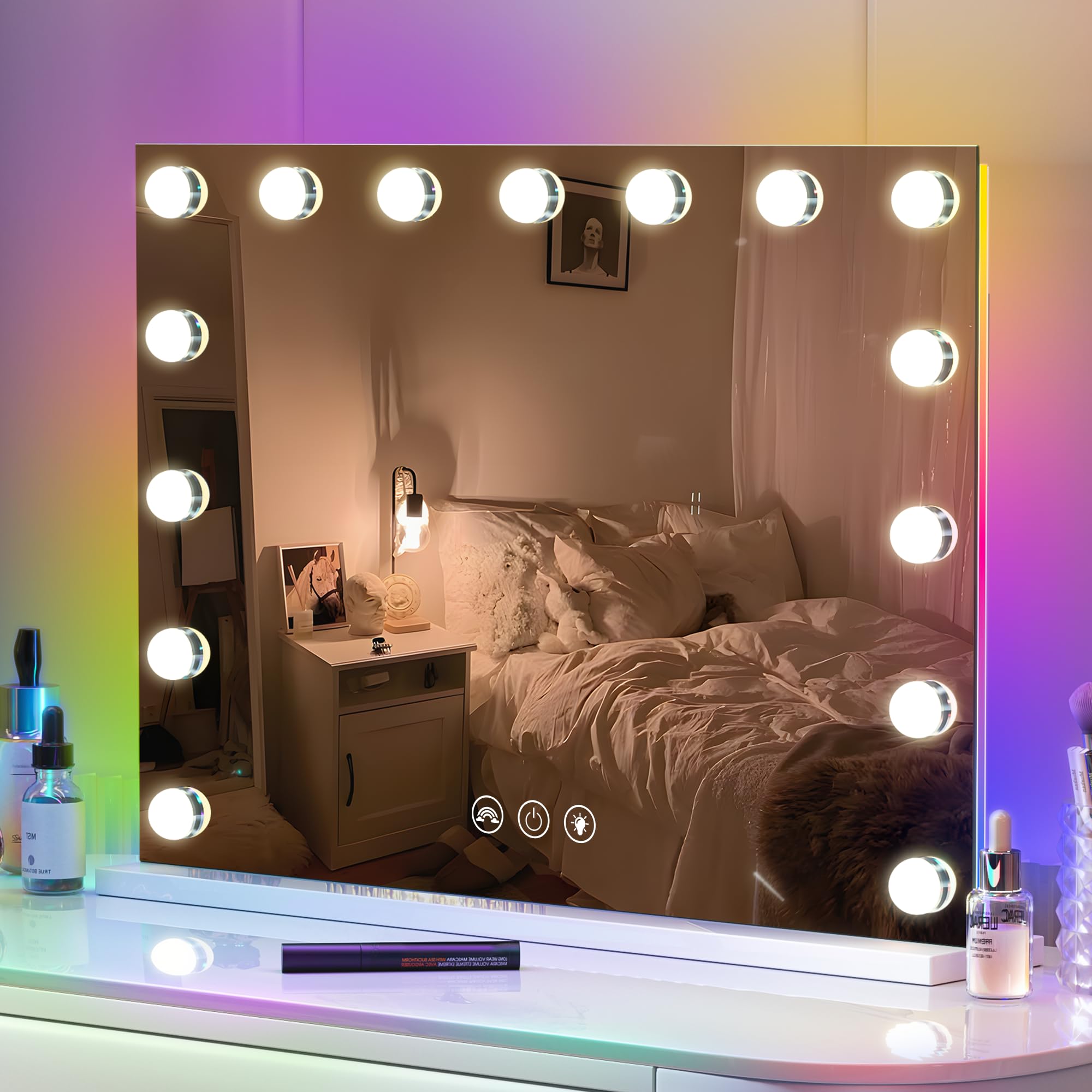 Hansong Hollywood Espejo con RGB Espejo de Maquillaje con Iluminación 15 Regulable Grande LED Hollywood Espejo de tocador con Iluminación 3 Temperatura de Color Luz Espejo de Mesa Control táctil