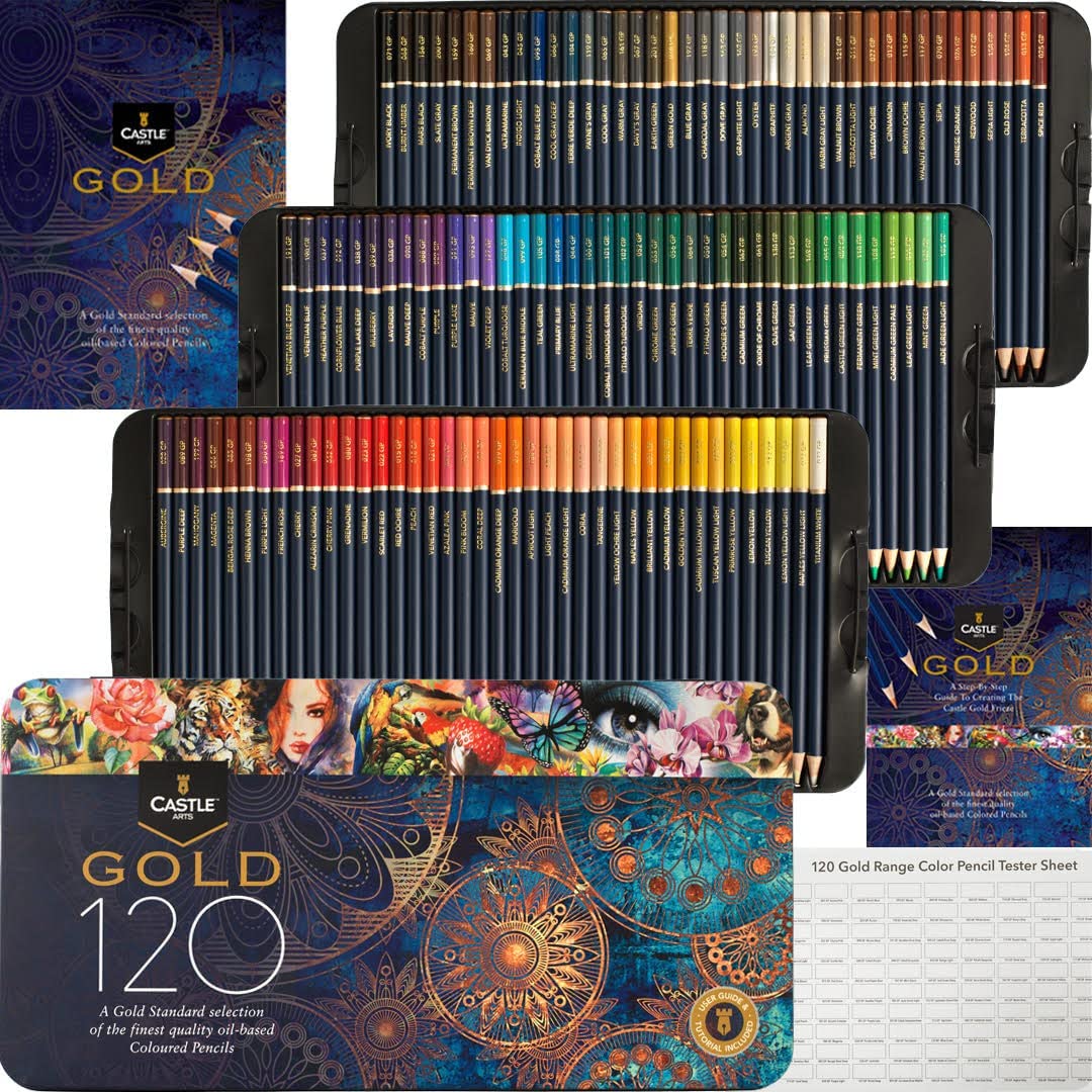 Gold Standard 120 Colouring Pencils Set | Quality Oil-Based Coloured Cores Stay Sharper, Tougher Against Breakage | for Adult Artists, Colourists | in Presentation Tin Box