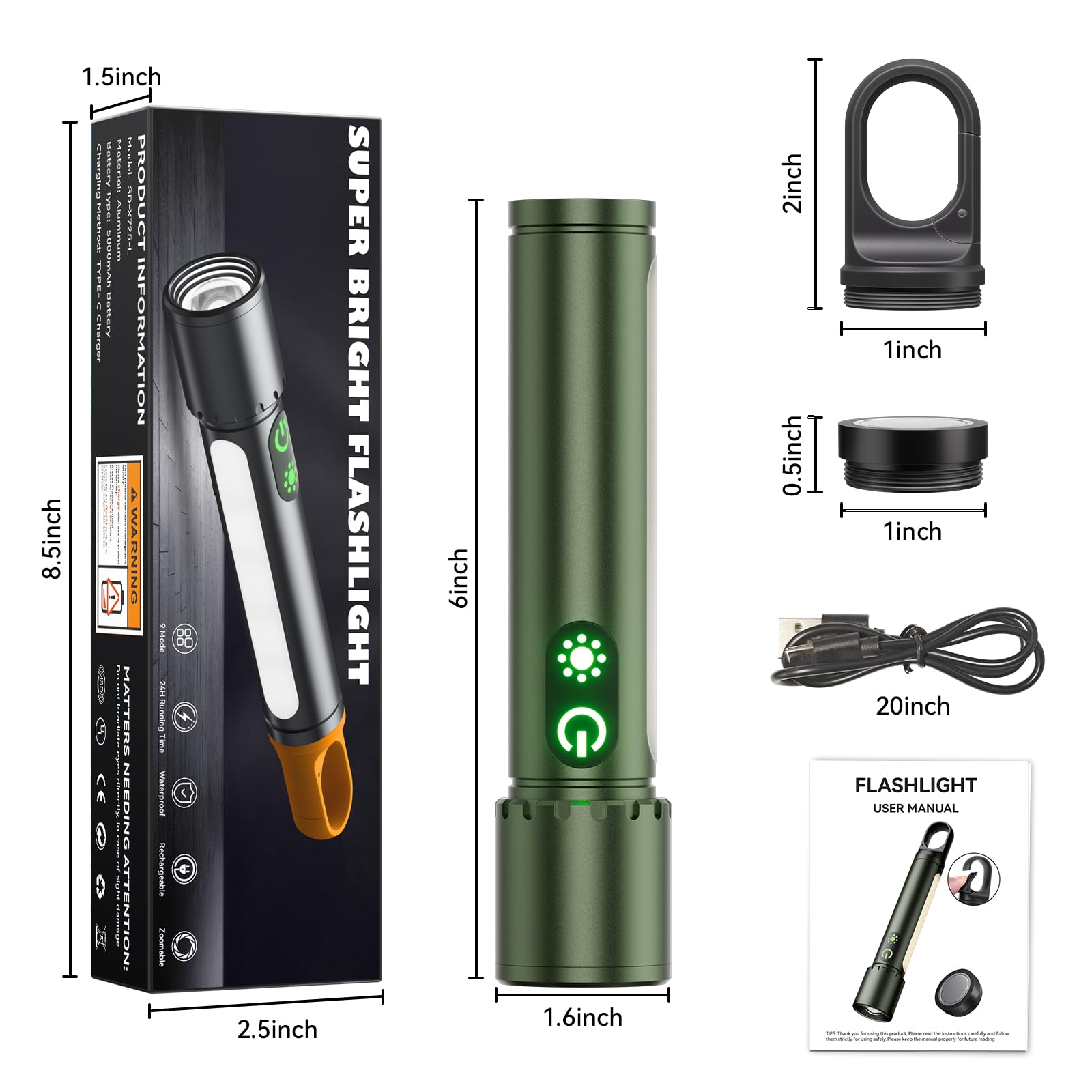 Linterna de alto lúmenes recargable, magnética, colgante, haz de zoom, luz lateral, linterna LED multifunción, súper brillante, potente, impermeable, para camping, emergencia, senderismo, pasear al