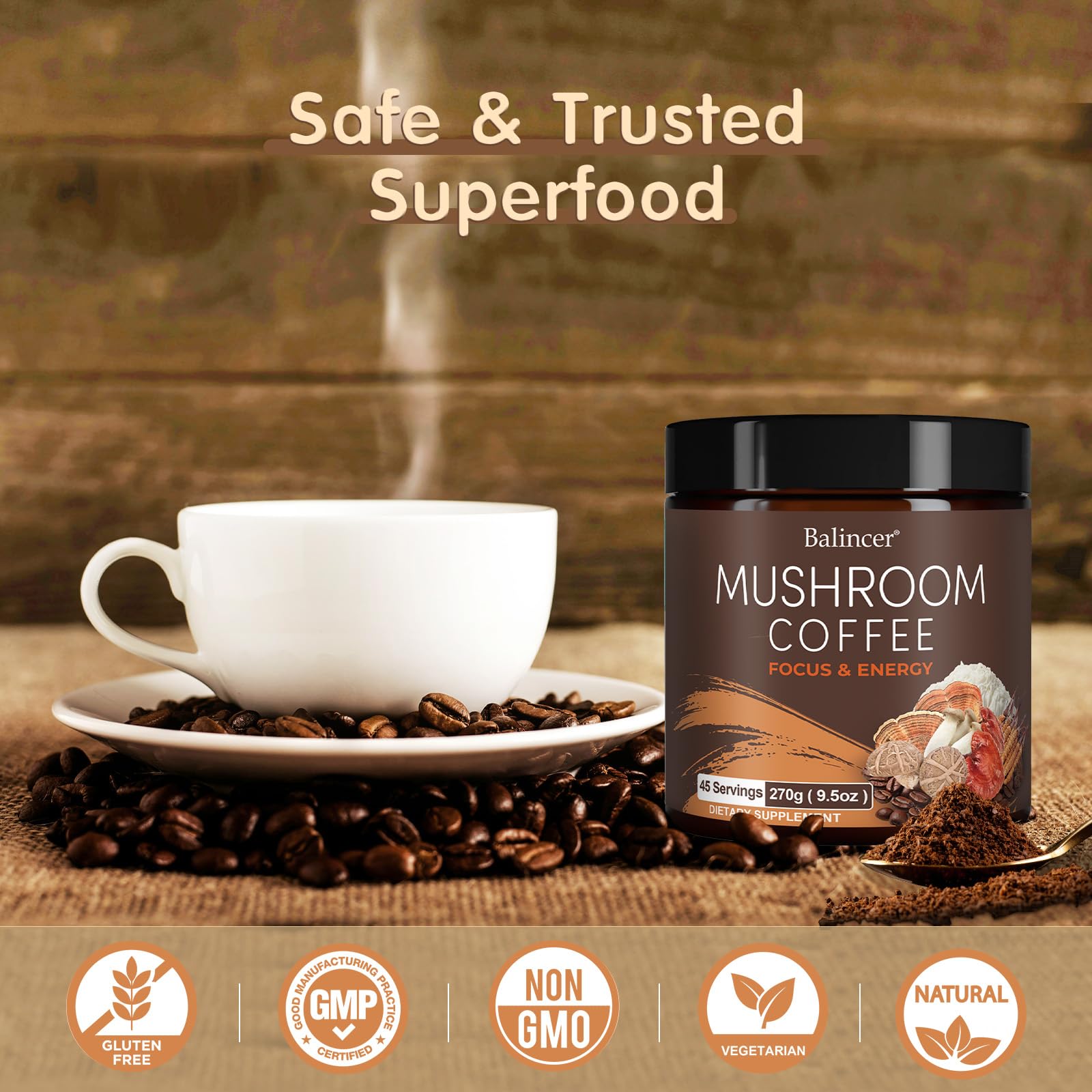 Mushroom Coffee with 6 Adaptogenic Mushrooms, Medium Roast, 45 Servings — Amazon image 7