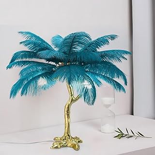 Lámpara de mesa de plumas azules de 60 cm, lámpara de plumas esponjosas, lámpara de noche decorativa para dormitorio con interruptor y bombilla LED E14 regulable de 3 colores *3, lámpara de mesa con p