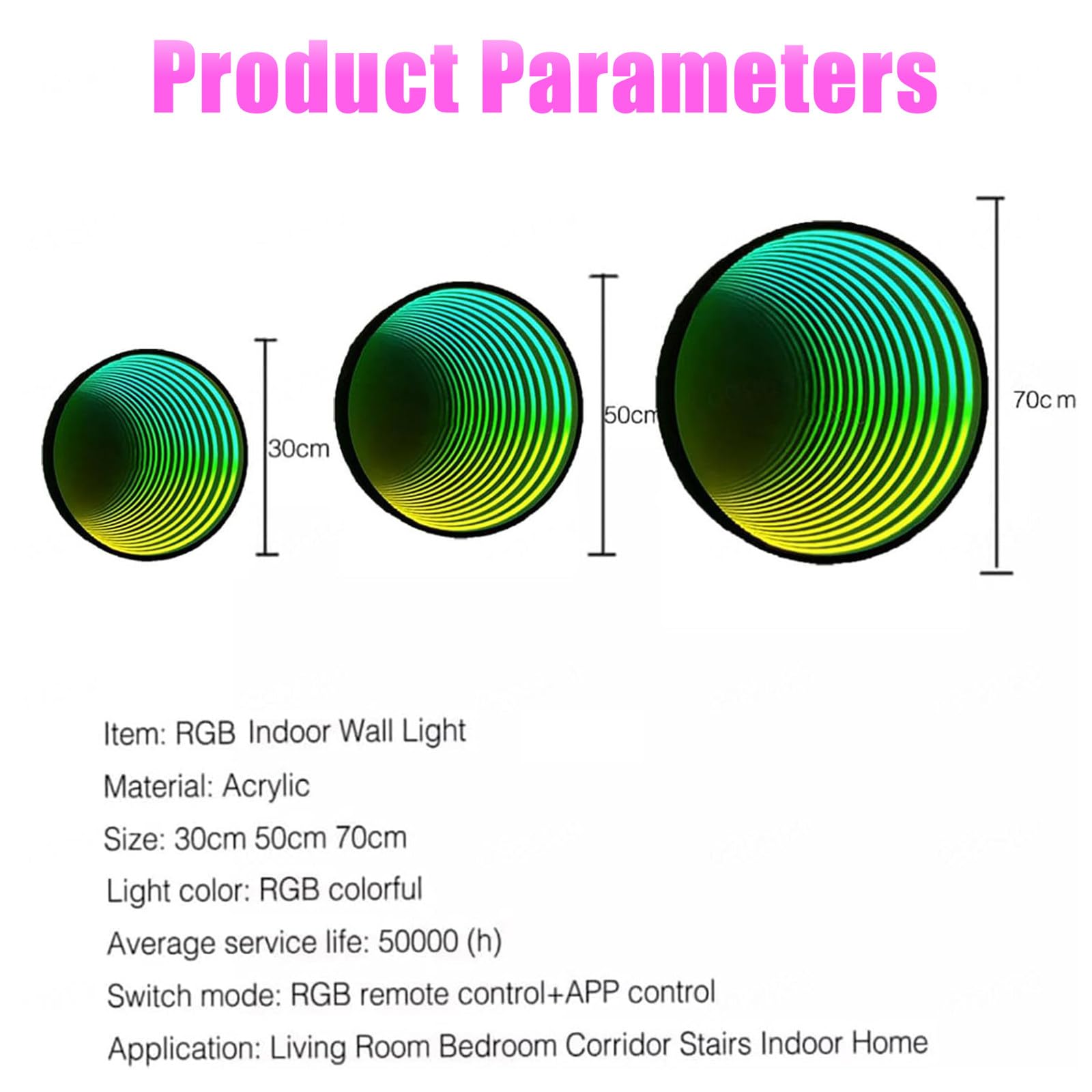 Espejo de Pared Infinito, luz cambiante Multicolor, lámpara de Espejo de túnel, lámpara Infinita con Control Remoto de aplicación,Round-30cm/12in