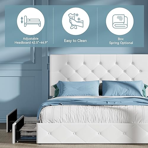 Miniatura 6 de HOOMIC Base de cama de almacenamiento de plataforma de tamaño matrimonial con 4 cajones y cabecera ajustable, listones de madera, no necesita