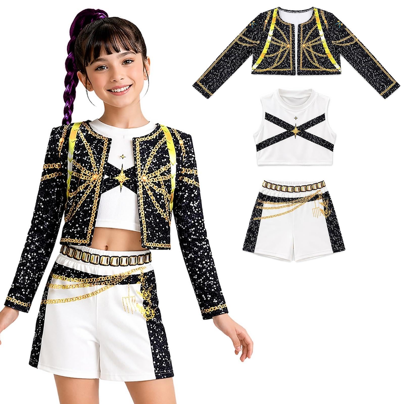 Feibety Kpop Costume for Girls Kids Outfit Pop Star Singer Dance Anime Costume Anime Movie Pop Singer Idol Dress with Hunter Stickers for Halloween Carnival Cosplay Party Fancy Dress Up (110)