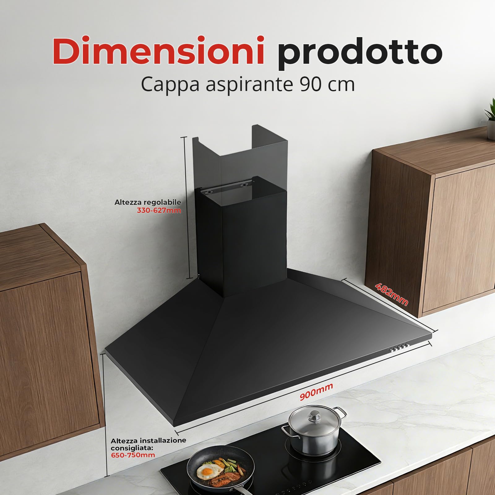 SNDOAS Cappa Cucina 90cm Nero, A+++ Cappa Aspirante con LED, Scarico/Ricircolo, 450 m³/h Cappa 90cm, Filtro a Carboni Incluso, 3 Velocità