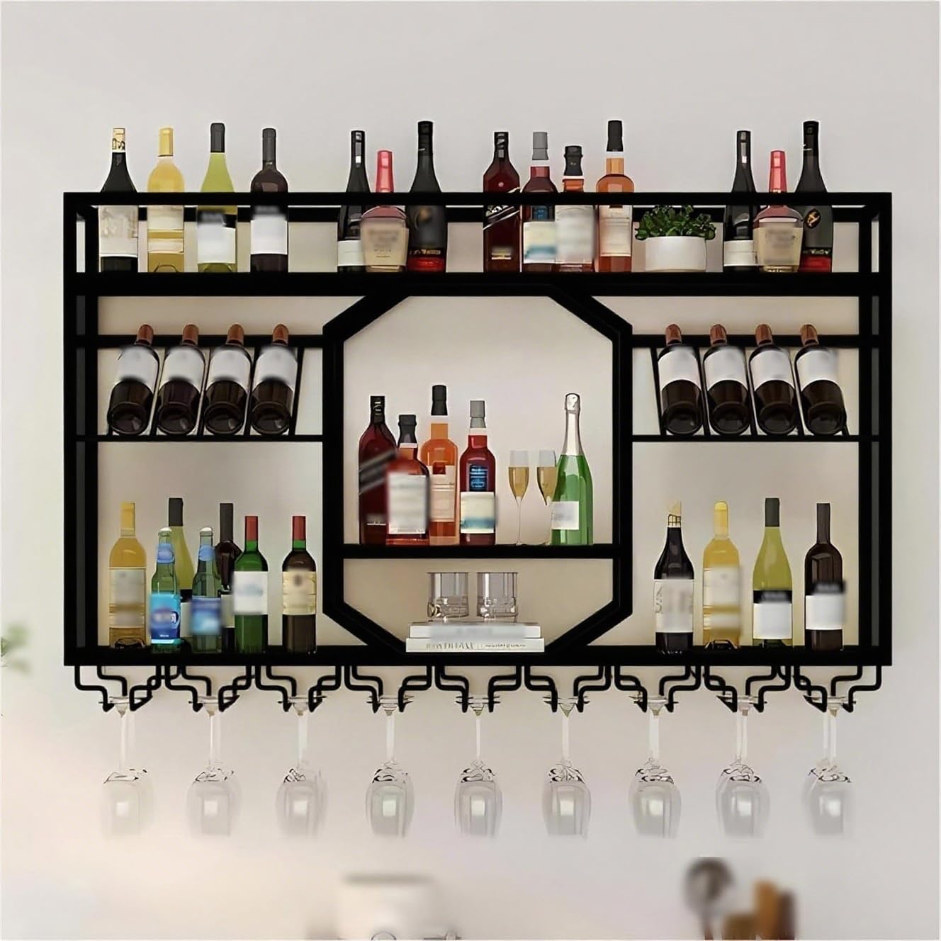 Étagère murale range bouteille vin et support verres suspendus en fer noir 160cm