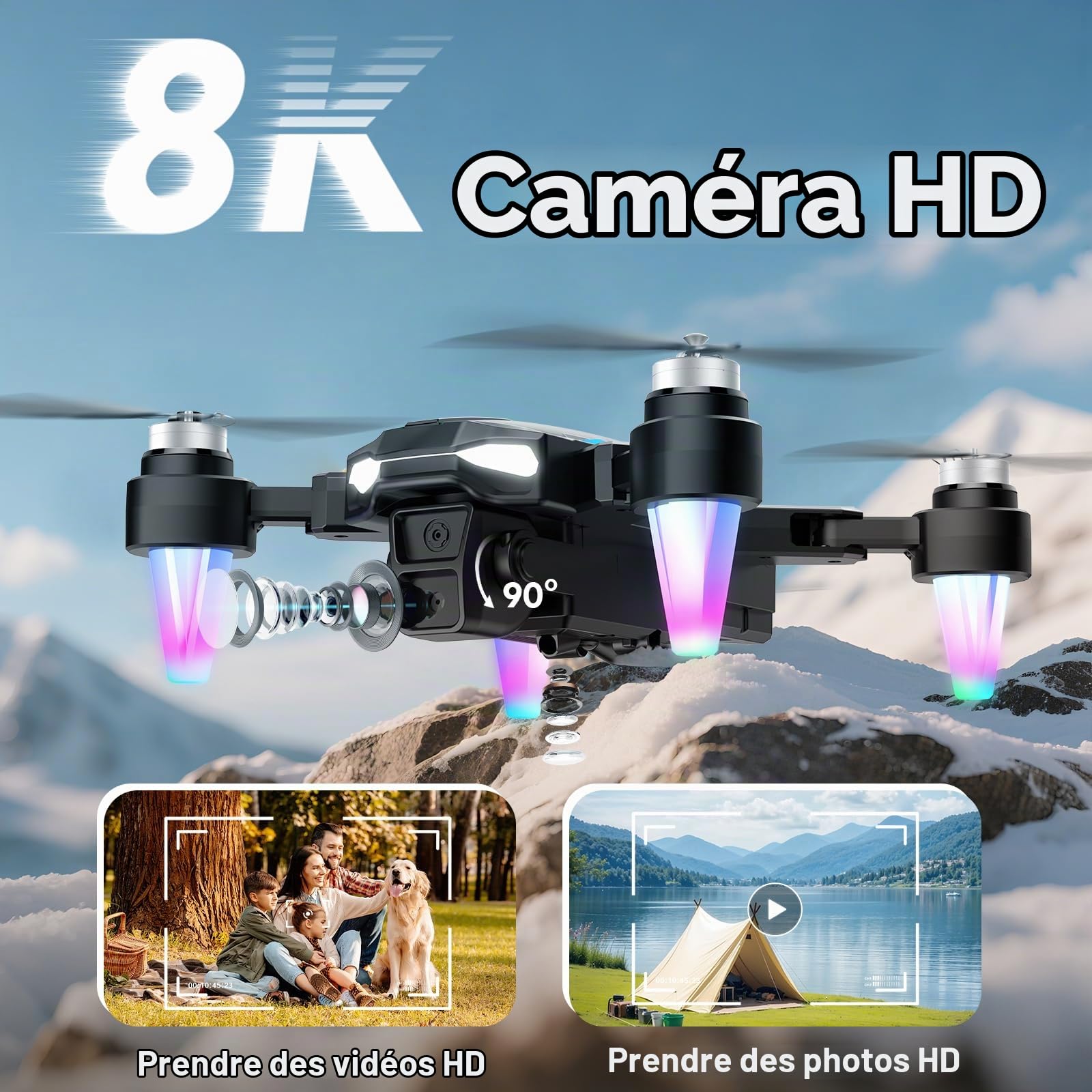 Drone avec Caméra 8K, 360°Flips, WiFi, Moteur Sans Balais, Mode Sans Tête, Décollage/Atterrissage une Touche, Vol Trajectoire, Jouet et Cadeau pour Garçons et Débutants, 2 Batteries (Noir)