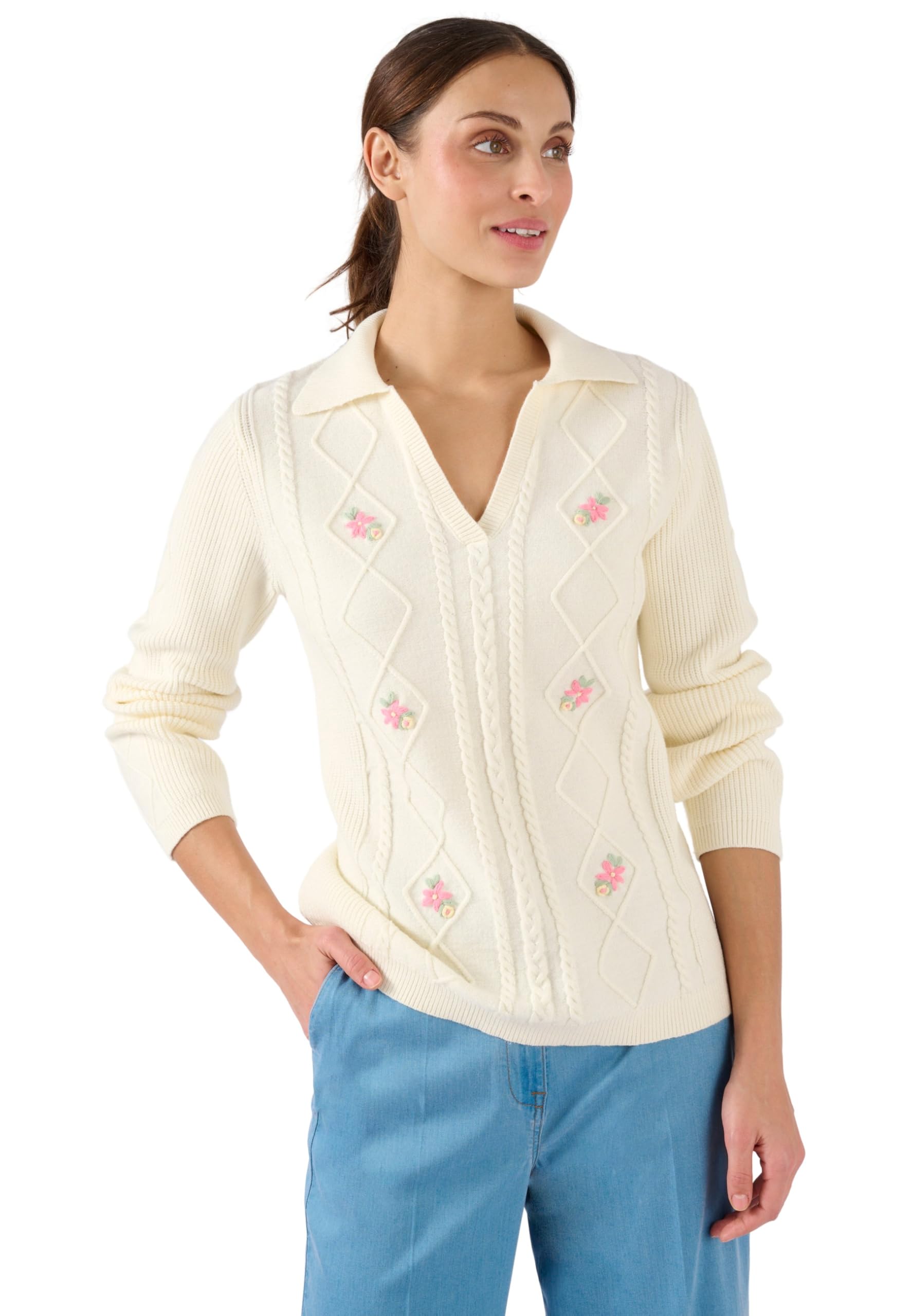 Damart - Embroidered Open Neck Jumper, Off White, 14/16