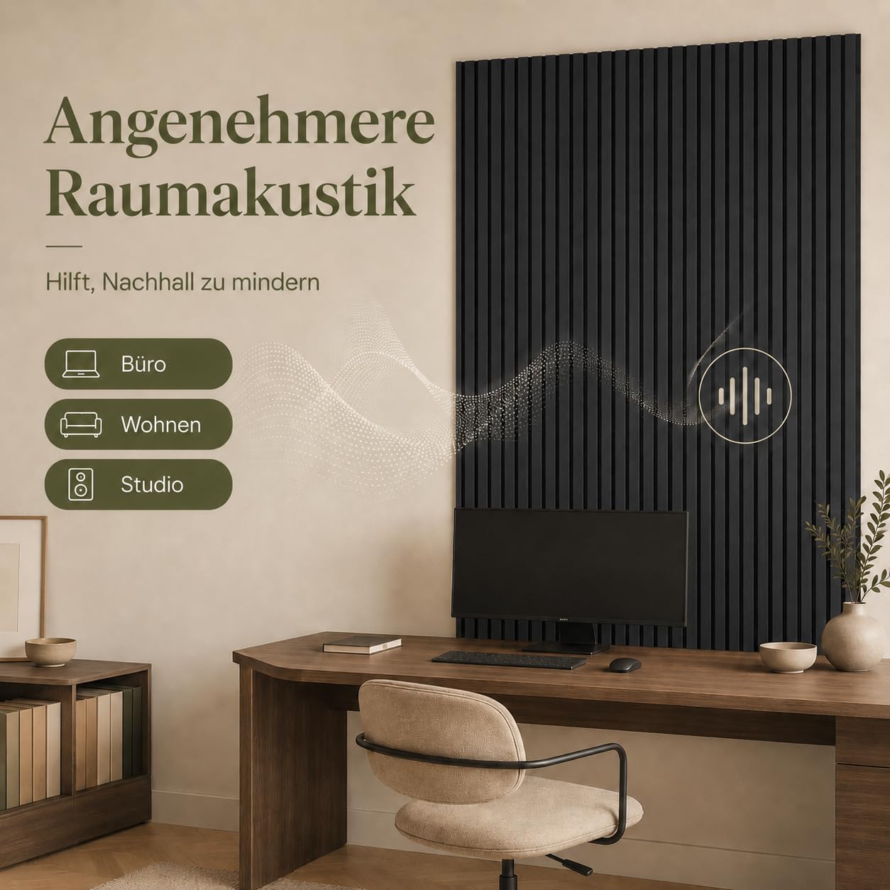 AKK-STAVE Akustikpaneele selbstklebend, 2,88m² 4er-Set (120x60cm) – 3D Wandpaneele Holzoptik, schallabsorbierende Wandverkleidung für Wohnzimmer, Büro (22# Schwarz)