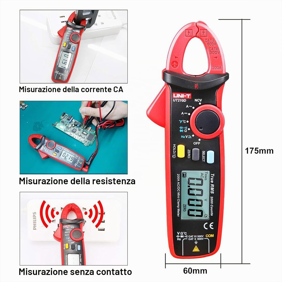 UNI-T UT210D Serie UT210 Mini Morsetto Metro, 200A AC/DC, 600V AC/DC, 60kHz, -40°C-1000° C/-40°F-1832° F