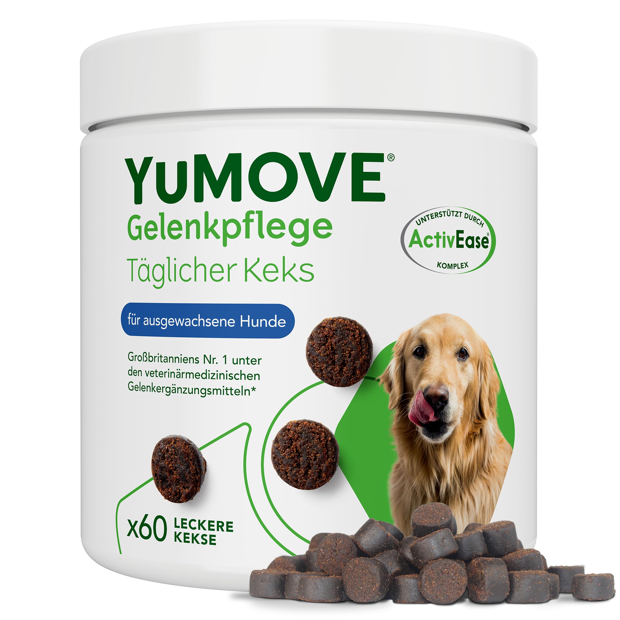 YuMOVE Grünlippmuschel Hund 60 Kausnacks für Ältere Hunde 8+ Jahre - Dreifachwirkung 150mg Patent Angemeldet ActivEase Komplex Jeder Kausnack + Fischöl - Hochwertiger gelenk- & knochenschutz & Pflege
