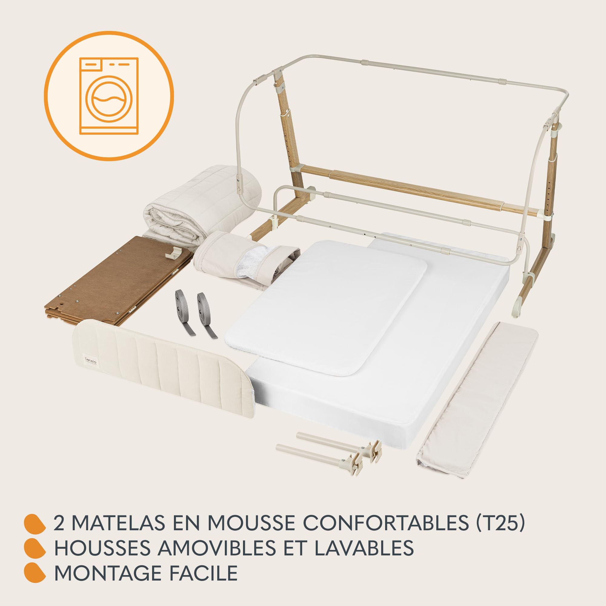 lionelo THOMI Plus 5 en 1 Lit Bébé sur Pied, Convertible jusqu'à 9 kg, pour Un Enfant Plus Âgé jusqu'à 30 kg, Parc Enfant Jusqu'à 15 kg, Canapé-Lit jusqu'à 100 kg Réglable en Hauteur, 2 Roues