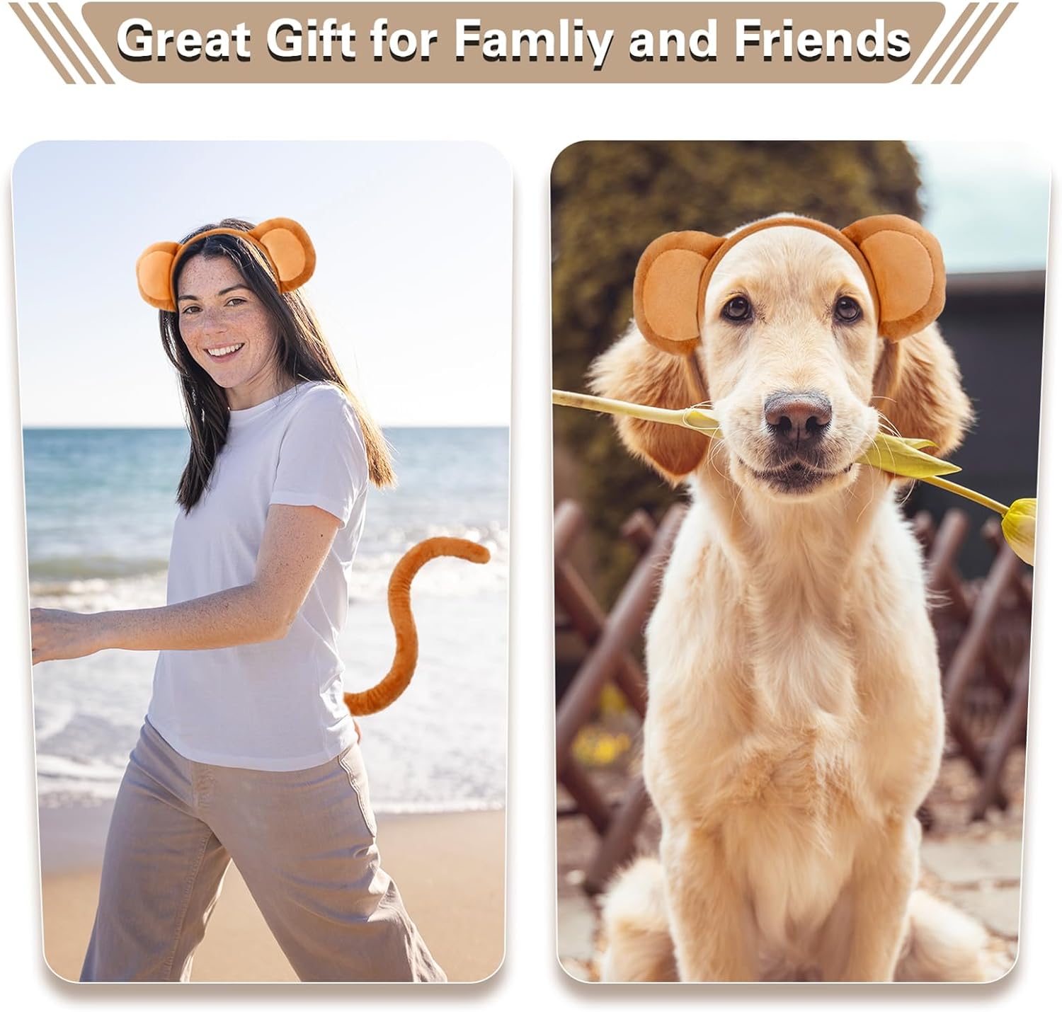 Beviliu Monkey Ears and Tail Set 2 Pieces Monkey Costume Accessories, Realistic Animal Ears Headbands For Adults Party Cosplay Halloween - Image 5