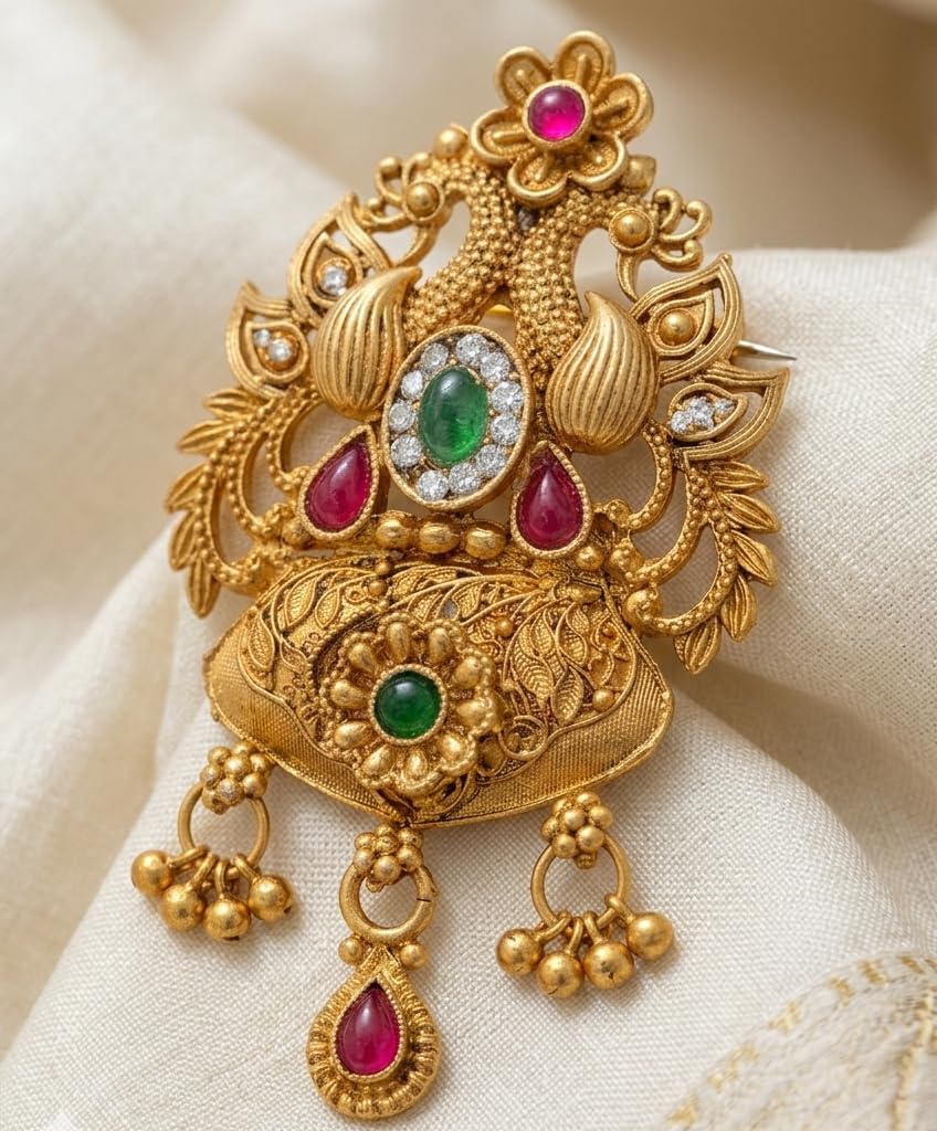 Harishree Enterprise Traditional Temple Jewellery Style Peacock Brooch for Women & Girls-picture-14