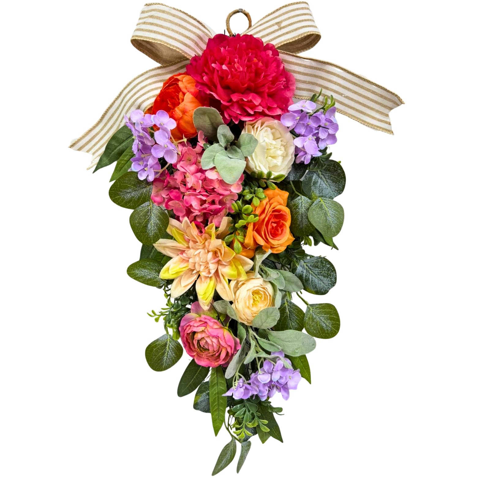 Svndlyn 24 Inch Pre-lit Spring Summer Teardrop Swag with Peonies Roses Striped Bow, Colorful Farmhouse Floral Decor for Front Door, Battery Operated