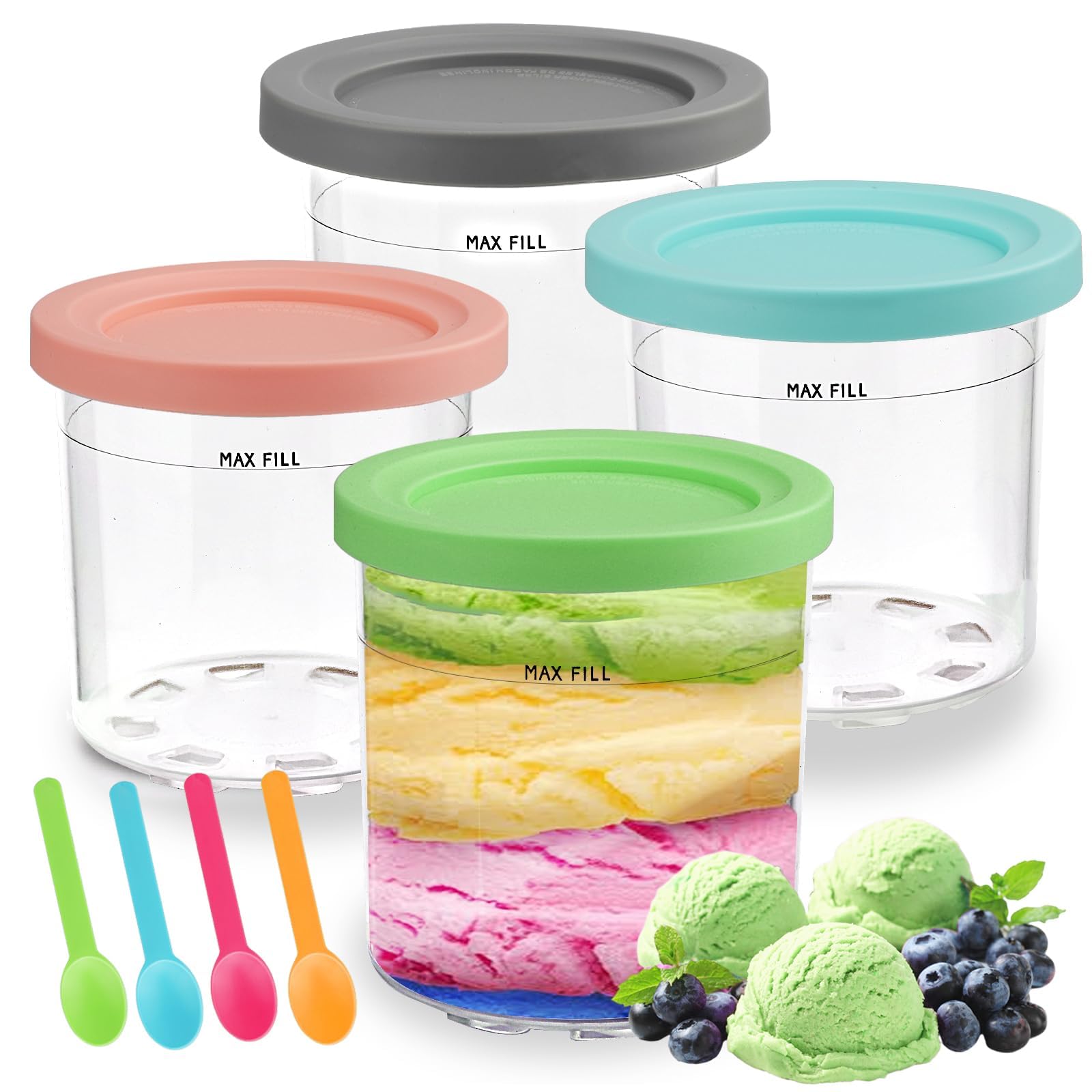 4 Contenedores Creami para Máquina de Helados Ninja, Compatibles con NC301 NC300 NC299, Aptos para Lavavajillas, Antifugas con 4 Tapas y Cucharas Incluidas