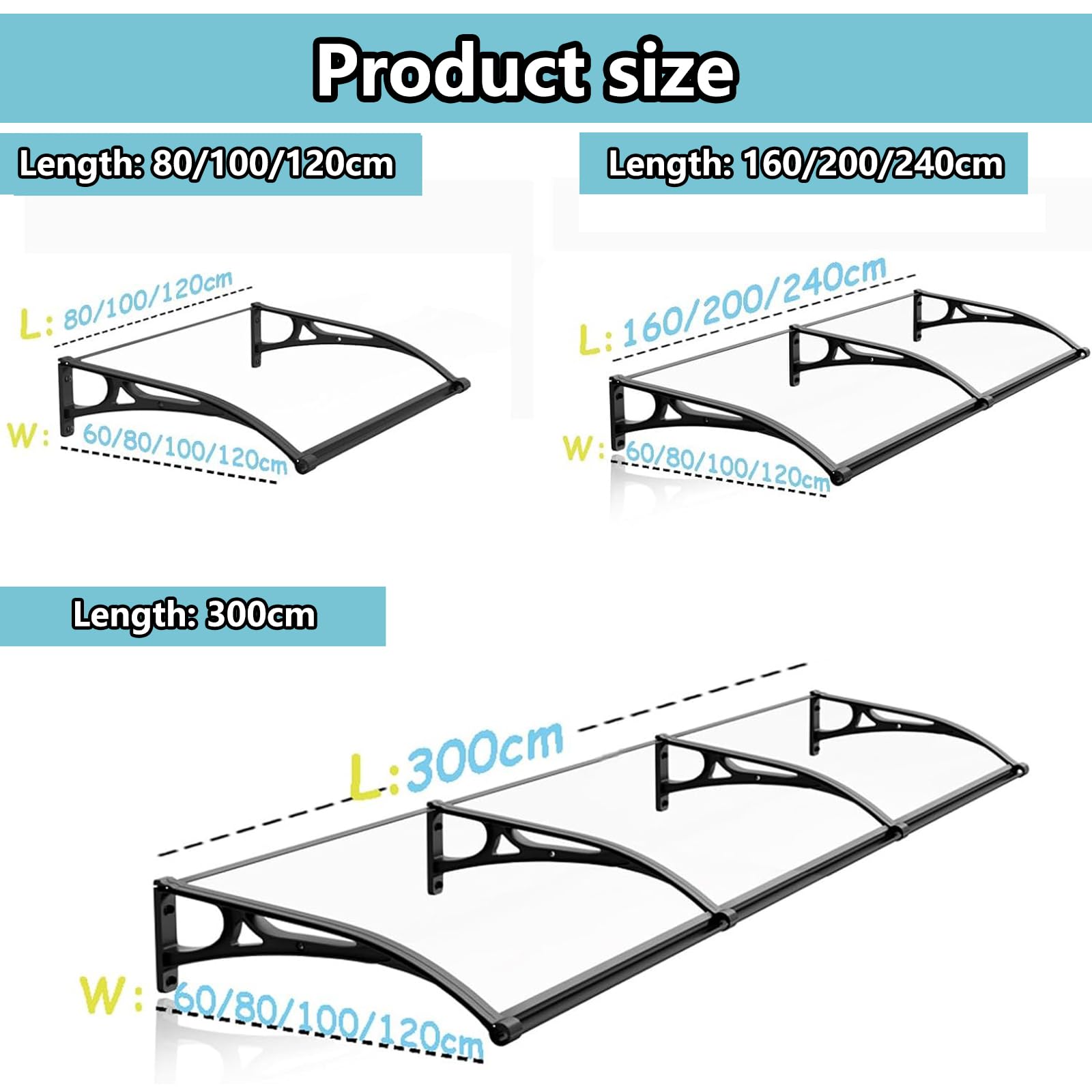 Marquesina Puerta Exterior，Ancho 60/80/100/120/150 CM, marquesina para Puertas y Ventanas，Tejadillo de Protección Lluvia Nieve Viento Protección Solar, con Fregadero -60x180cm
