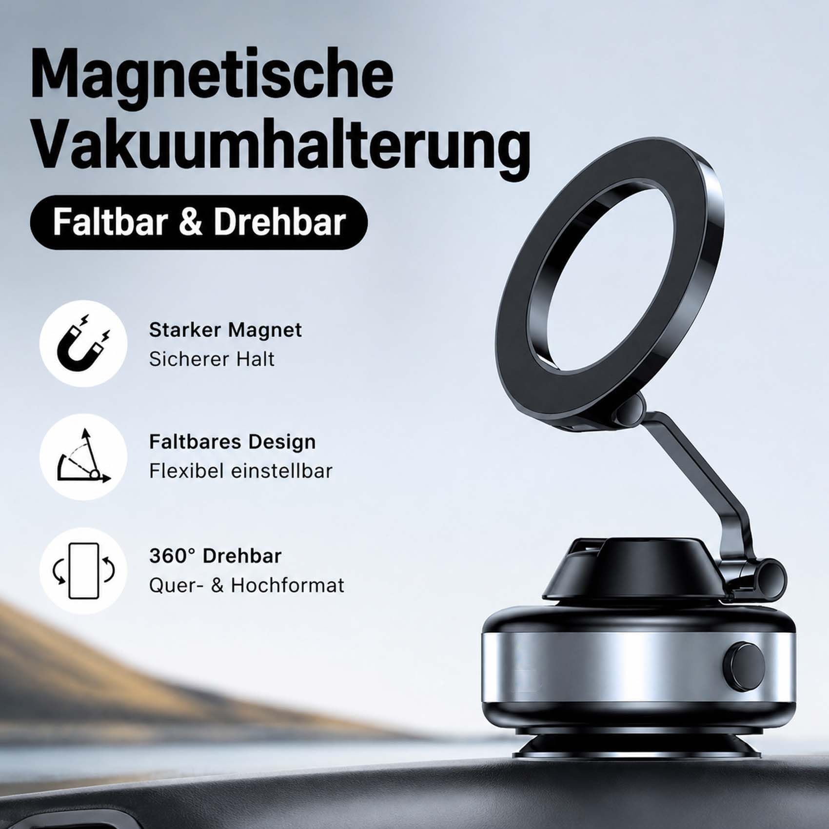 Snapmount Handy Halterung, 2026 Neu Snap Mount Handyhalterung Elektrisch, Selbstansaugende Auto Handyhalterung, 360° Drehbar Und Platzsparend Faltbar, Universell, Anti - Rutsch (Silber+Schwarz)