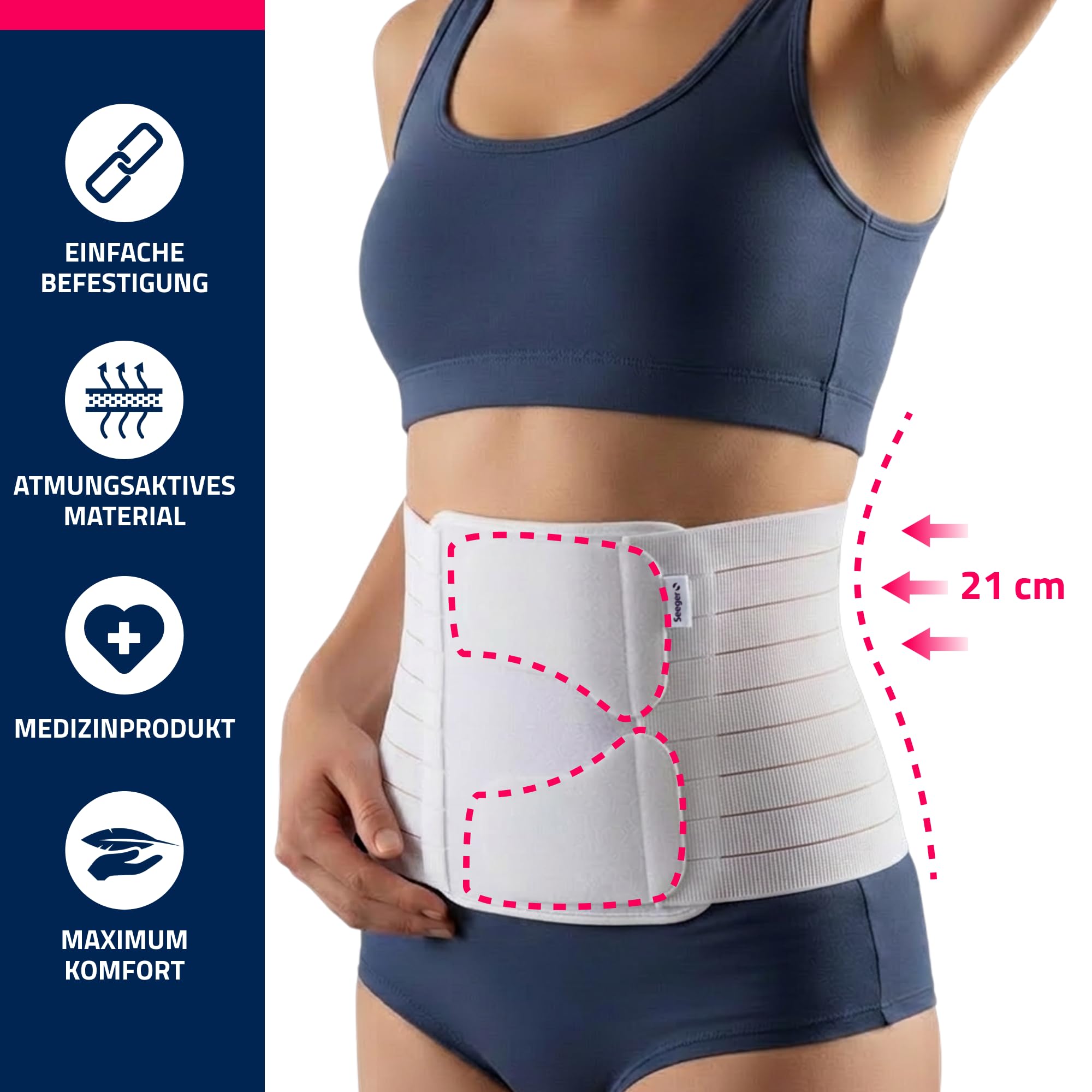 Seeger Vendaje abdominal – Cinturón de apoyo abdominal y torácico, compresión postoperatoria y posparto, banda abdominal para recuperación después de cirugía y parto, altura 21 cm, fabricado en