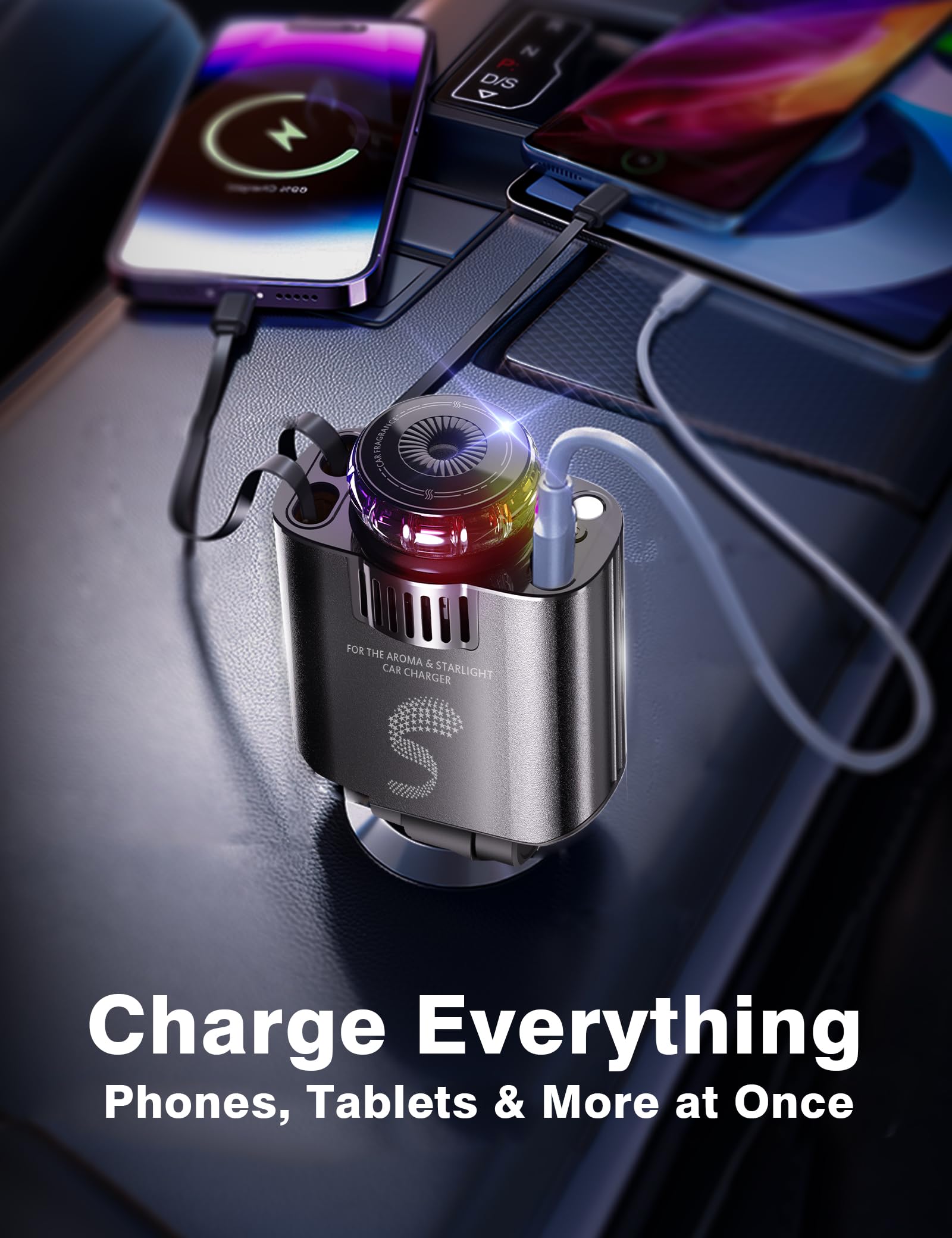 Retractable Car Charger USB C Fast Charging 120W, Car Accessories Cigarette Lighter Adapter with Aromatherapy Starlight, Car Charger iPhone16 15 14 13 12 11 Essentials Gifts for Traveler, Men, Women — view 5