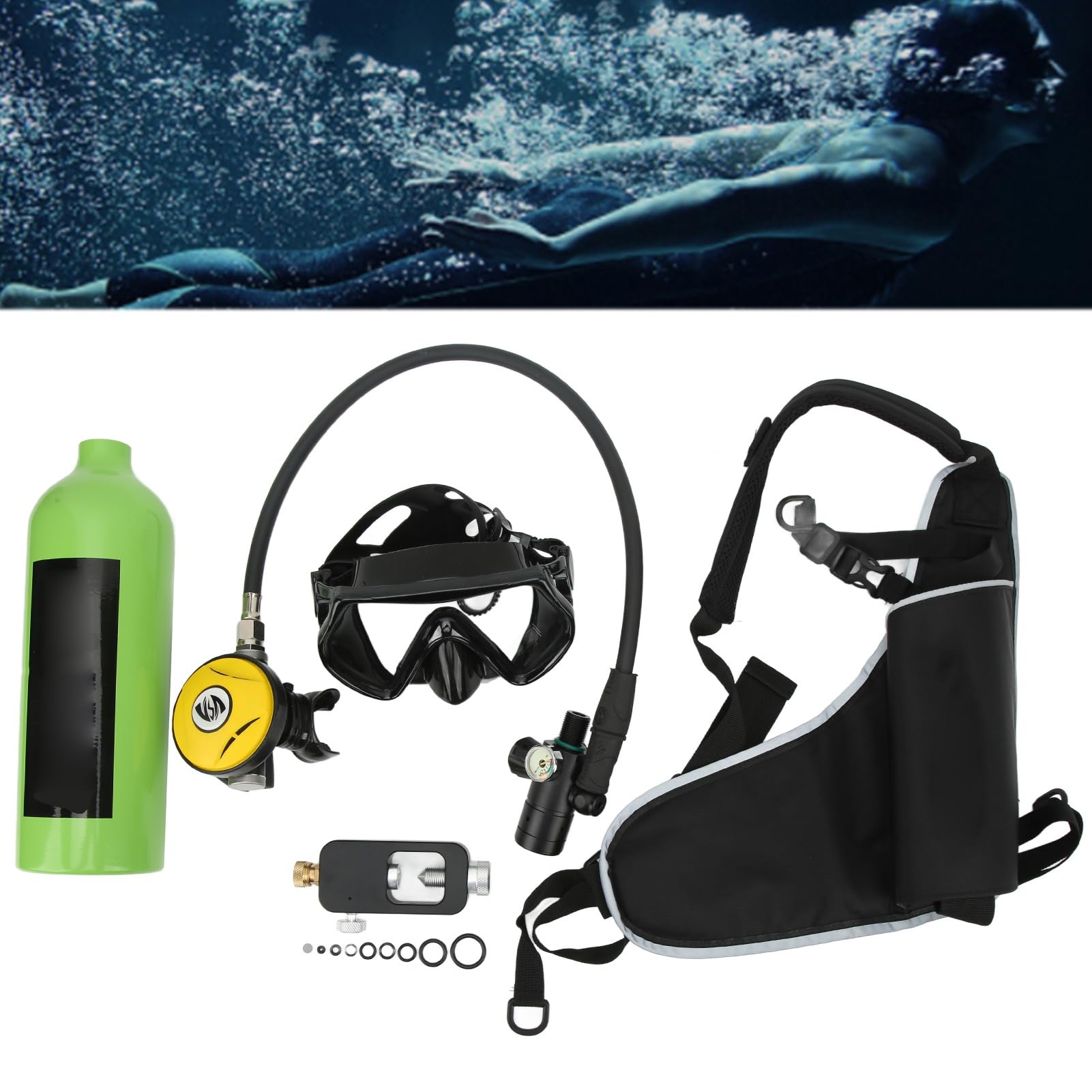 Tbest Mini Réservoir Plongée 1L – Alliage Alu, 15-20 Min D’Autonomie, Kit Avec Masque, Adaptateur, Sac