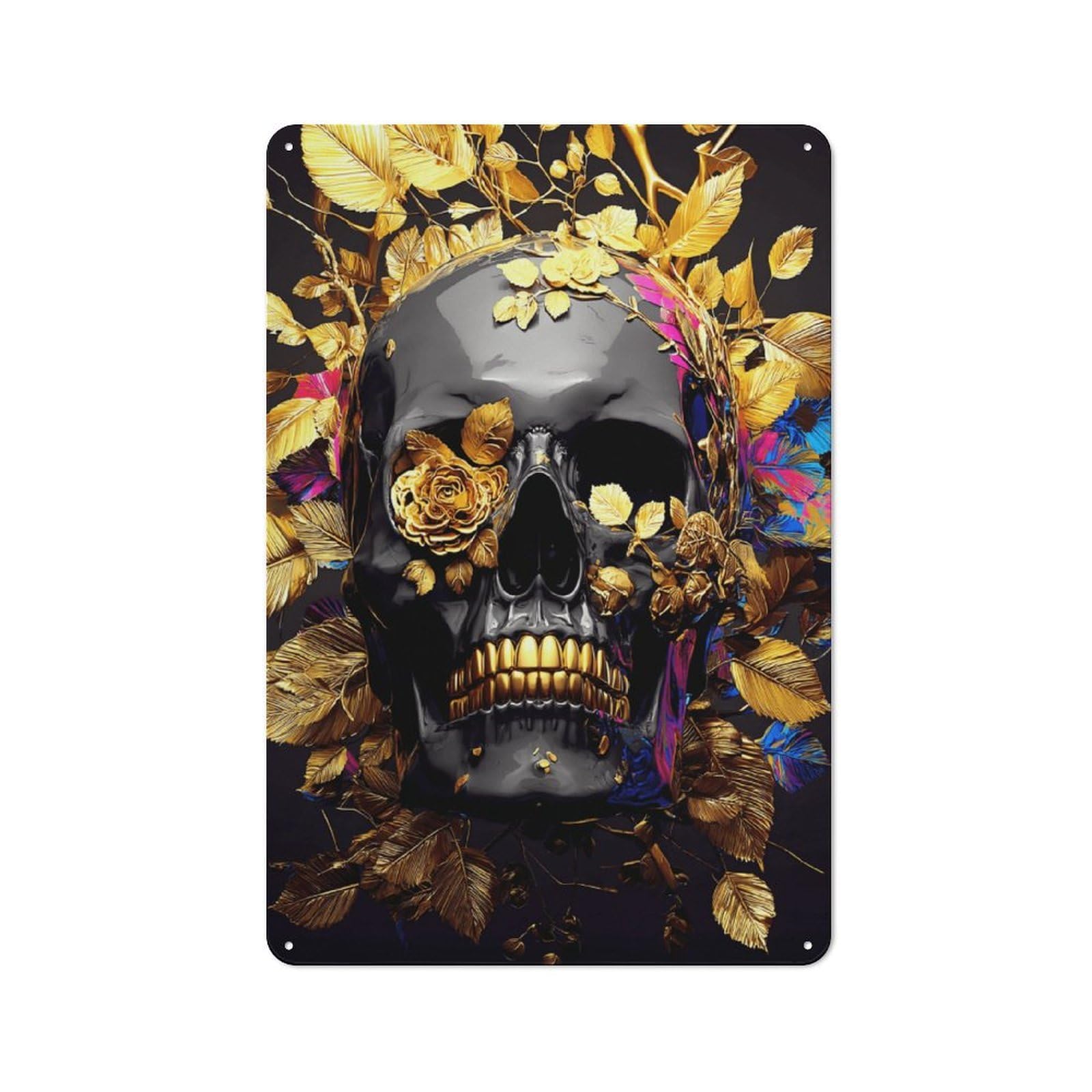 Junmoney Golden Skull With Flowers-5 Tin Wall Plaque 30X20cm With For Café Or Restaurant, Suited To Restaurant Decor Fans
