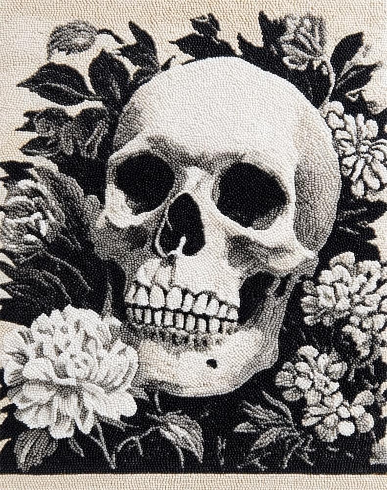 Fwrtycb Black/White Latch Hook Rug Kits, And Skull And Flower Home Carpet Rug Making Canvas Kits, 20X15inch Diy Crochet Kits Embroidery Kits Needlework Crafts For Home Decor, Latch Hook Kits For Begi