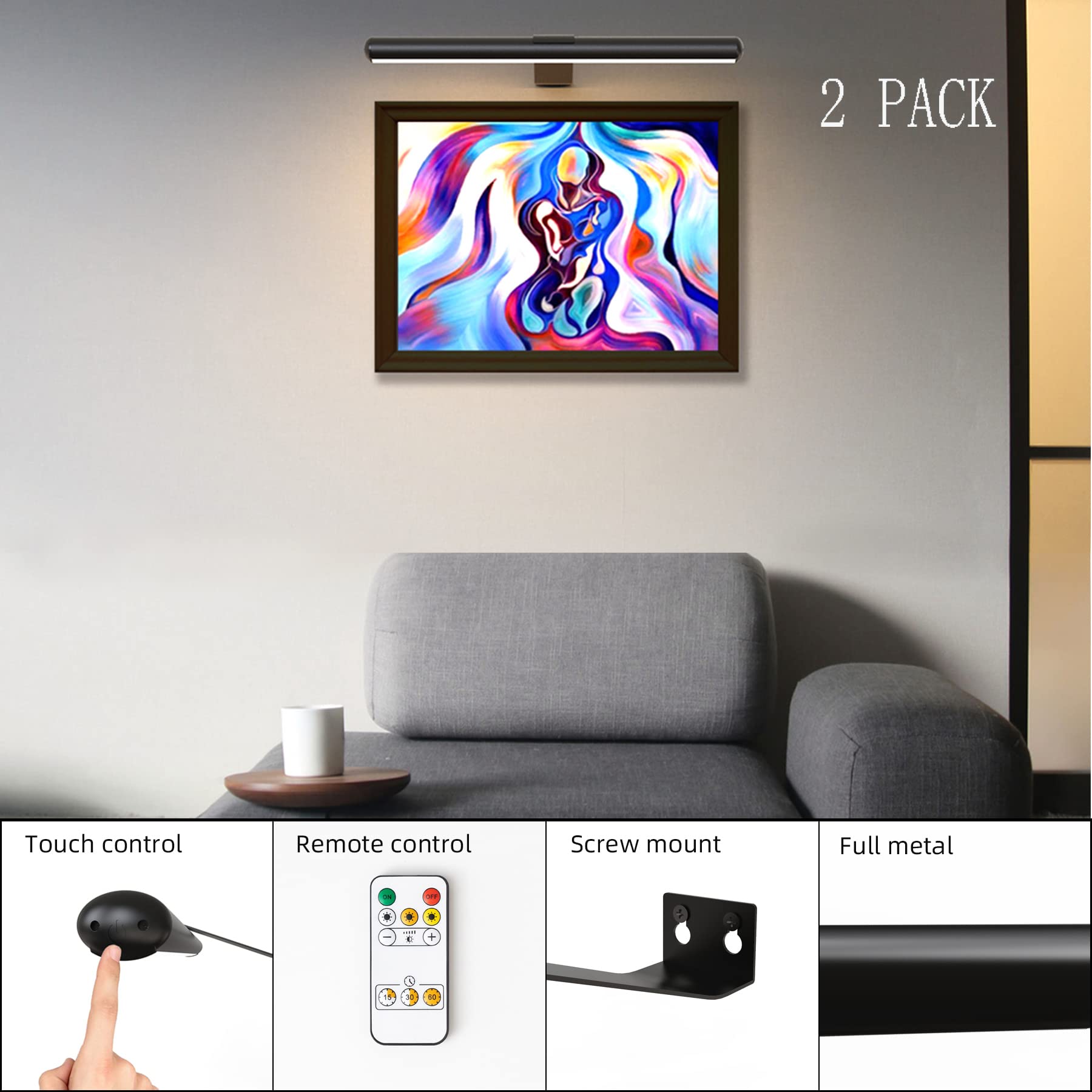 Confezione da 2 luci wireless con telecomando, funzionamento a batteria, luci da pittura per immagini artistiche, interamente in metallo, con timer dimmerabile, luce magnetica per bersaglio