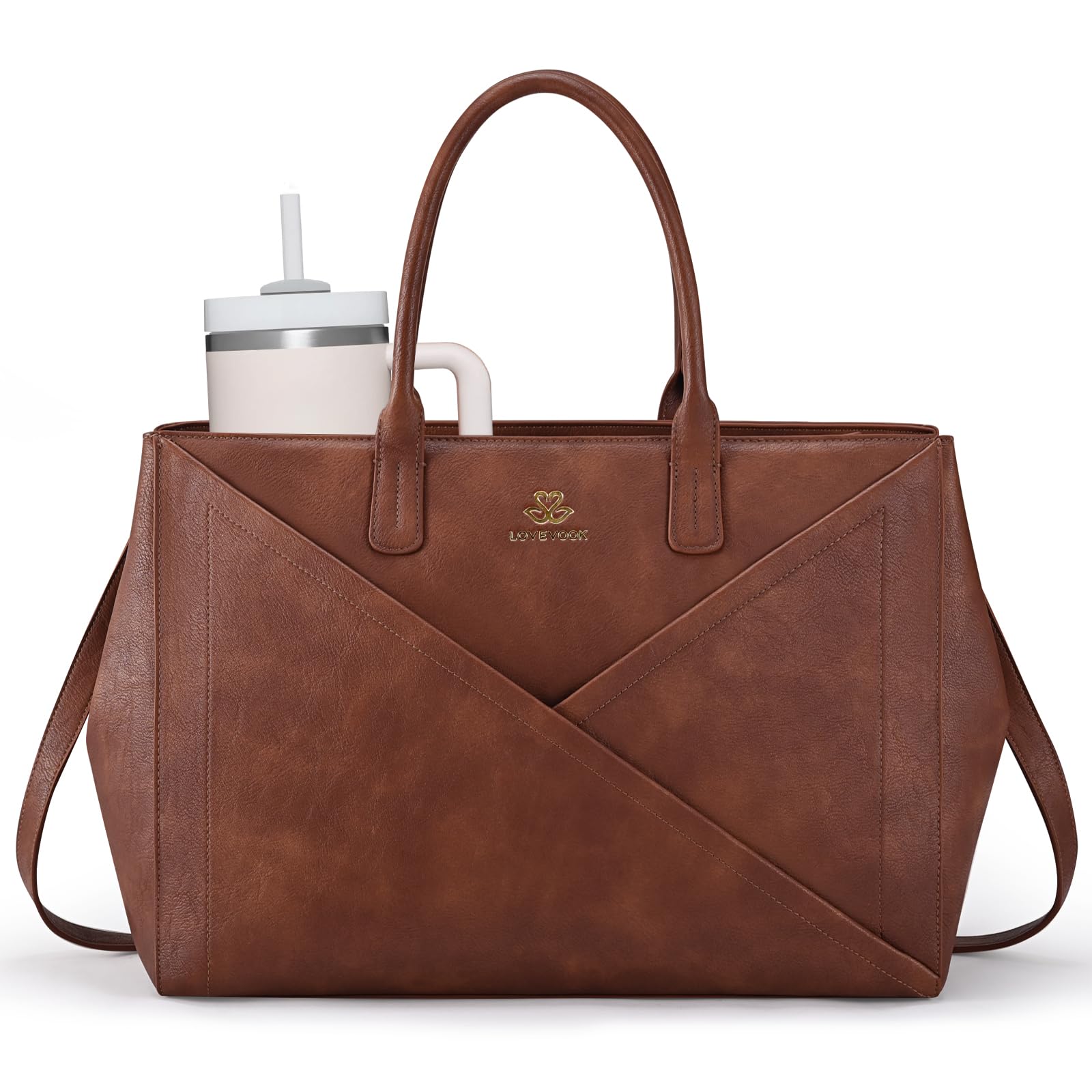 LOVEVOOK Laptop Tote Bag for Women with Large Cup Holder, 15.6 Inch PU Leather Work Bag Teacher Tote Bag, Waterproof Computer Bags Business Office Briefcase Handbag