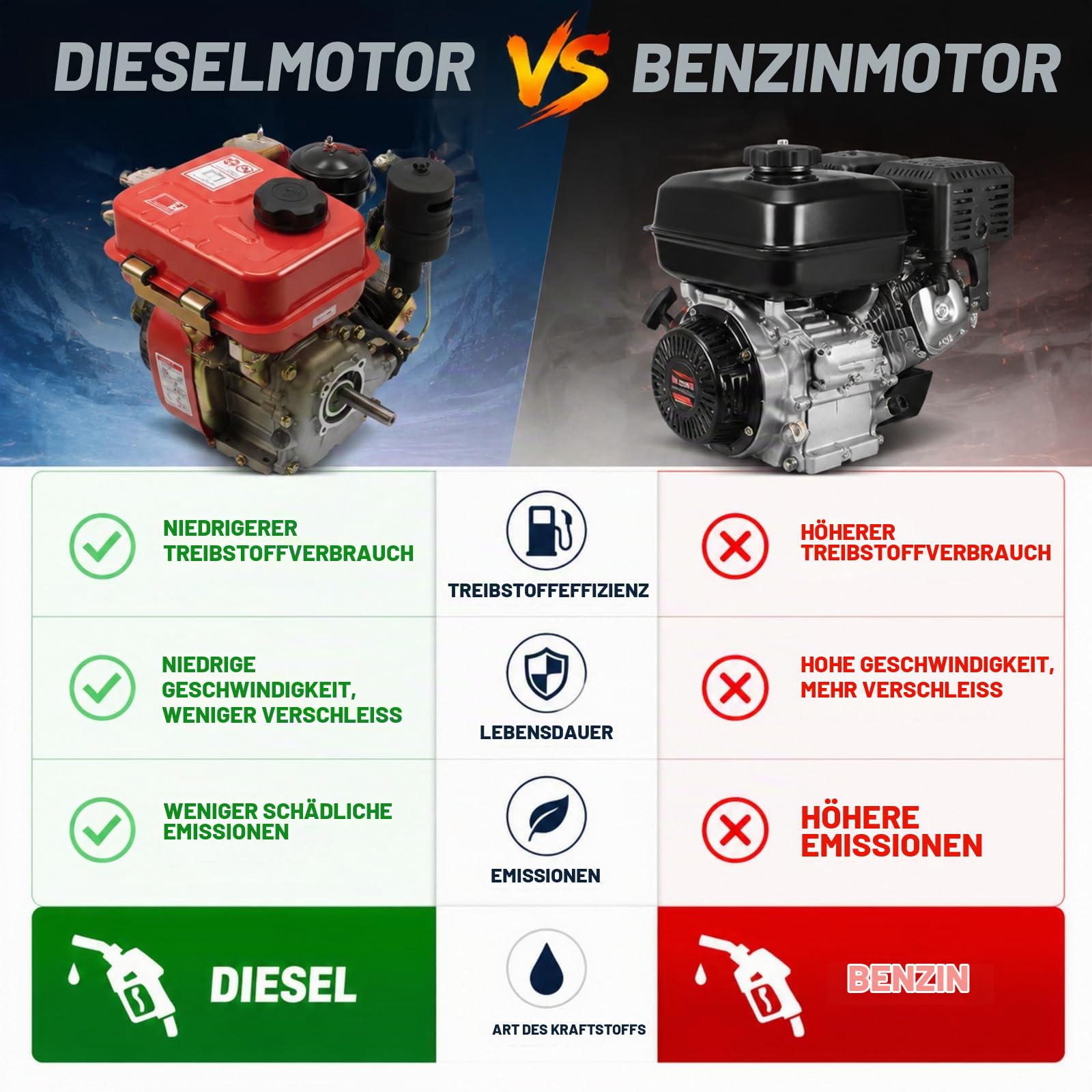 3 PS 2,2 kW Dieselmotor, Eilzugstarter-Dieselmotor, Kartmotor, Standmotor, Geräuscharm, 4-Takt, 1650–3800 U/min, Ölmangelsicherung, Seilzugstartt (Rot)