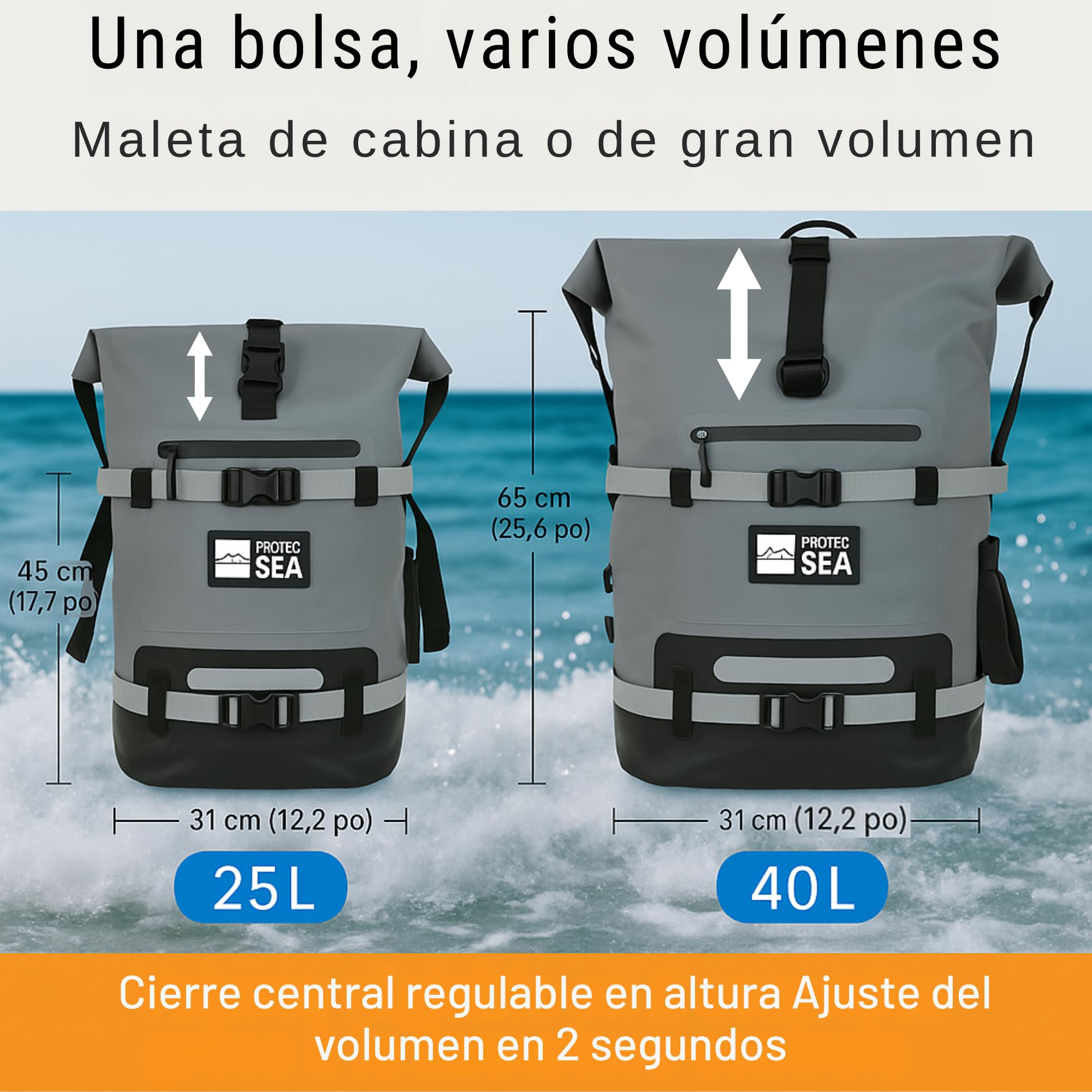 Mochila impermeable impermeable para senderismo, 25L-40L, volumen ajustable, cierre rápido, transporte cómodo, accesorios Molle, bolsillos impermeables, cinta reflectante, color gris