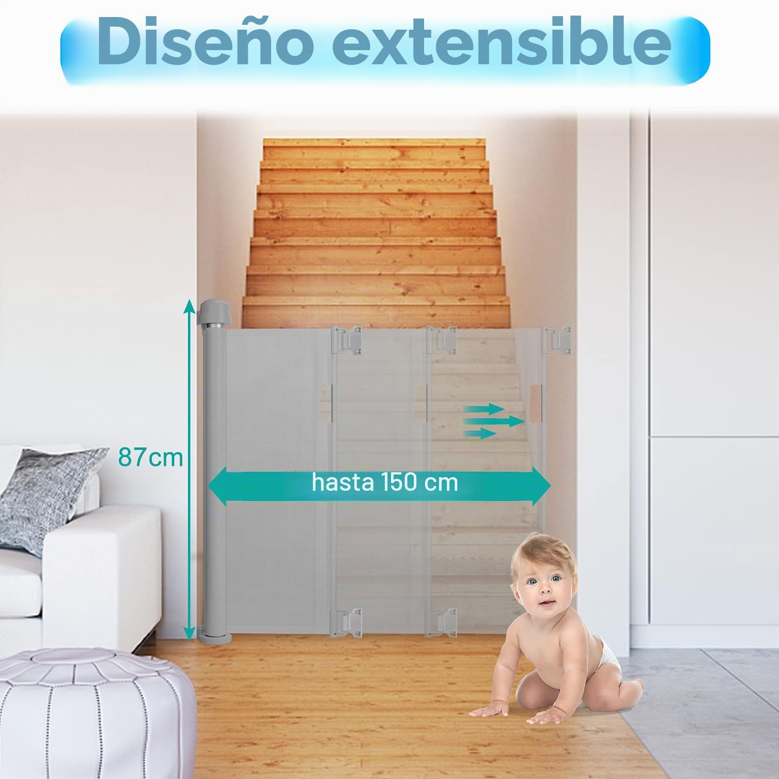 UISEBRT Retráctil Puertas de Seguridad para niños 0-150 cm, Barrera Seguridad Niños Escalera, Puerta Seguridad Bebé Extensibles Barrera para niños y Perros para Uso Interior y Exterior, Gris