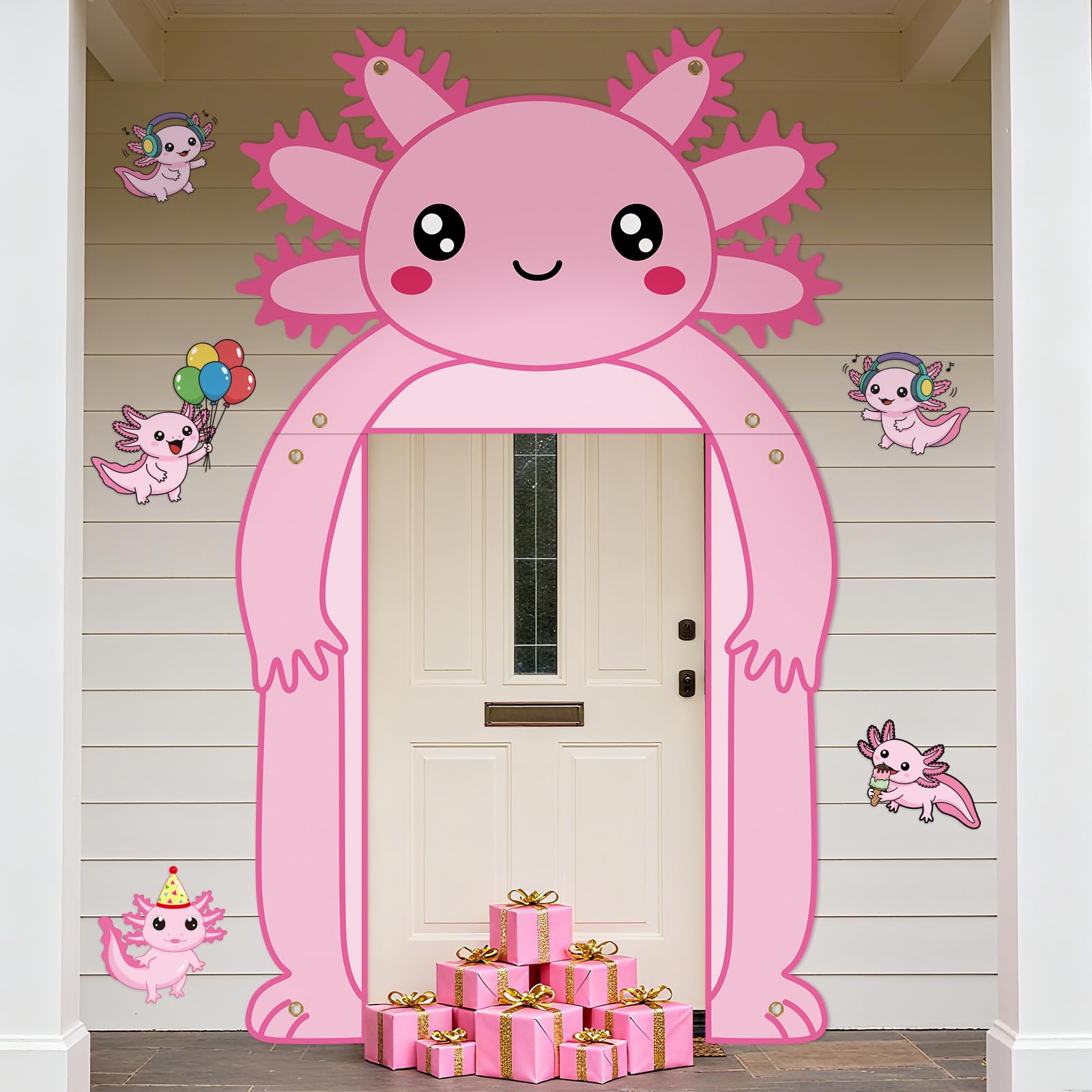 Axolotl Winter Birthday Party Decorations Pink Axolotl Door Cover Arch Decor Front Door Porch Banner Backdrop Wall Decor for Indoor Outdoor Yard Garage Cartoon Archway Baby Shower Party Supplies