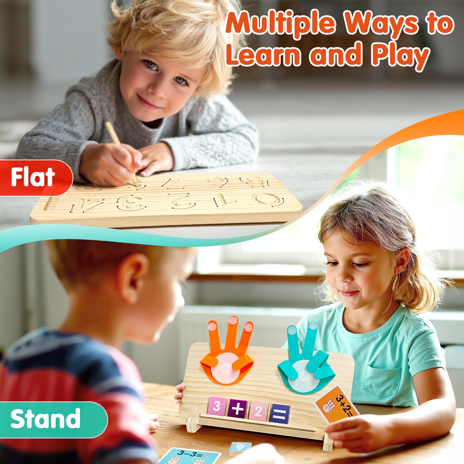 Montessori - Juguetes de aprendizaje para niños, 2 en 1 para conteo de dedos y tabla de rastreo de números, bloques de números coloridos, juguetes educativos de matemáticas Montessori para niños de 3