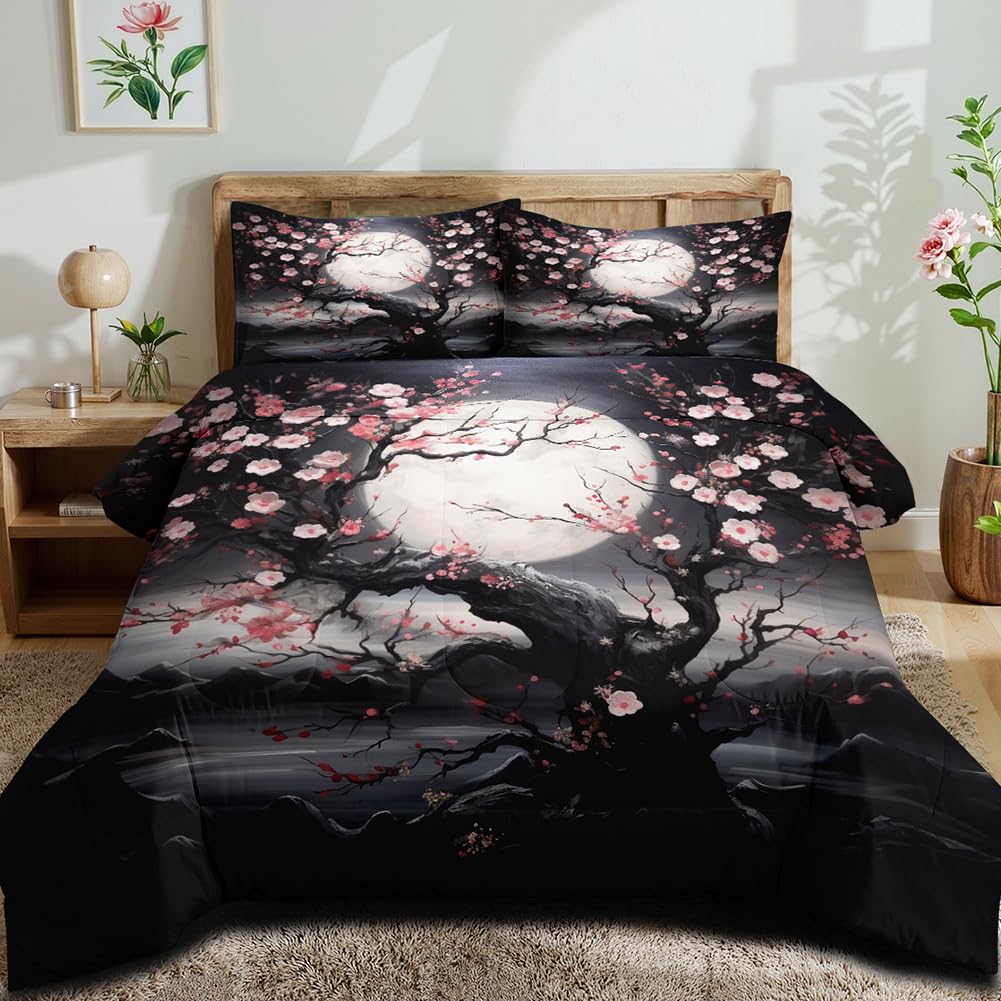 Japanese Style Cherry Blossom Comforter Set King Pink Cherry Blossoms Bedding